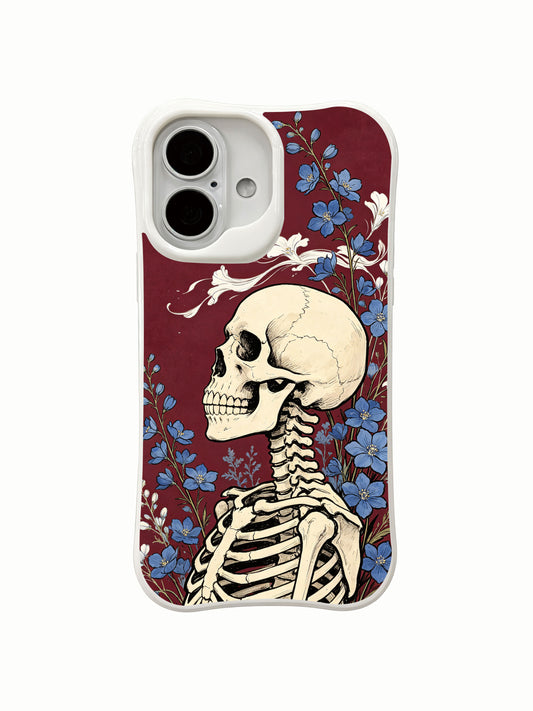 PhoneCasing mourn-to-freedom skeleton wind flower iPhone 16 Case, goth wearable art themed with coastal freedom symbolism, MagSafe snap-fit scratch resistant everyday iPhone 16 casing