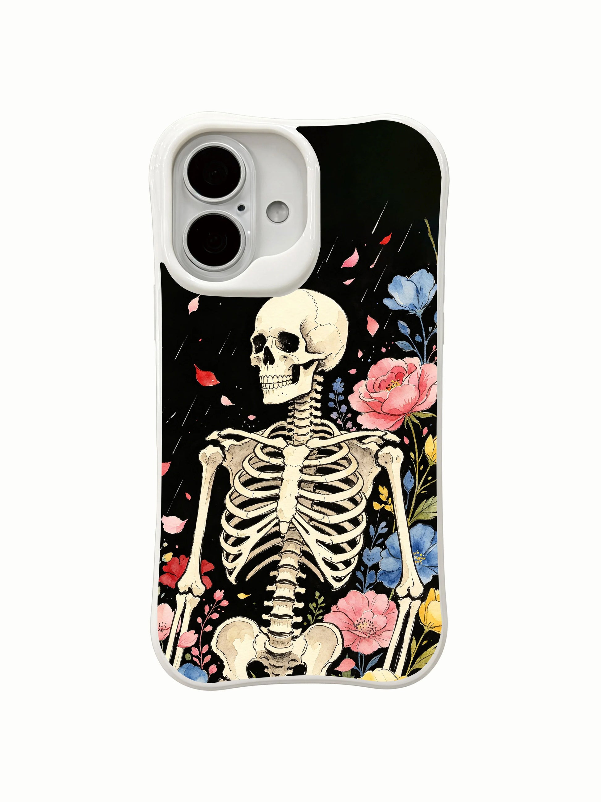 PhoneCasing Mournful Calm morbid botanical iPhone 16 Case, exclusive Morrigan Vale art with upright skeletal torso draped by drifting pink red yellow blue petals, fade proof custom printed protective iPhone 16 cover