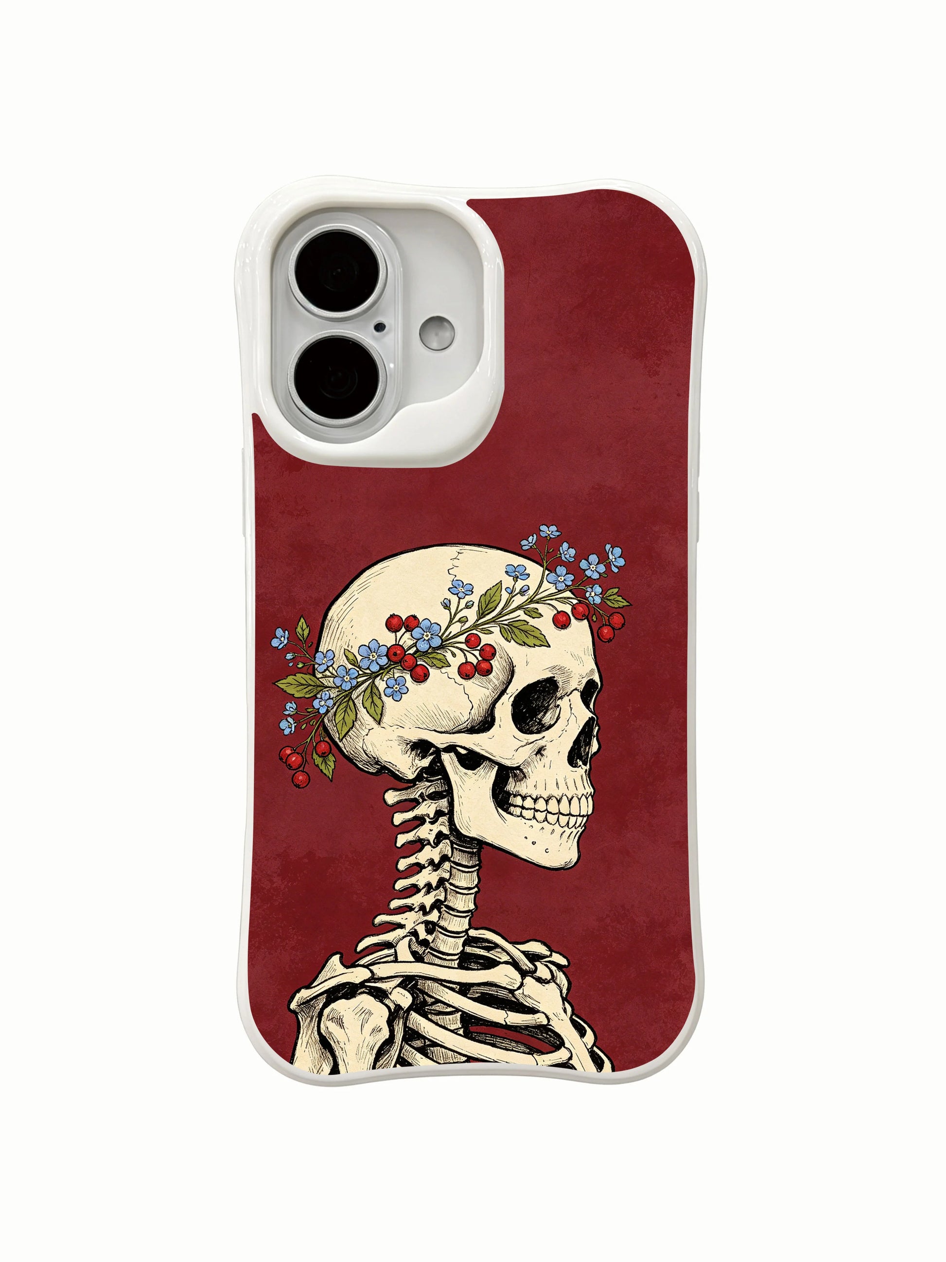 PhoneCasing mourning-to-grace skull floral iPhone 16 Case, goth wearable art about gentle memory acceptance, MagSafe snap-fit scratch resistant everyday iPhone 16 casing