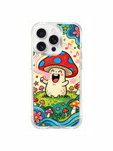 Mushroom garden with colorful confetti dots artwork on an iPhone 16 Pro Max case
