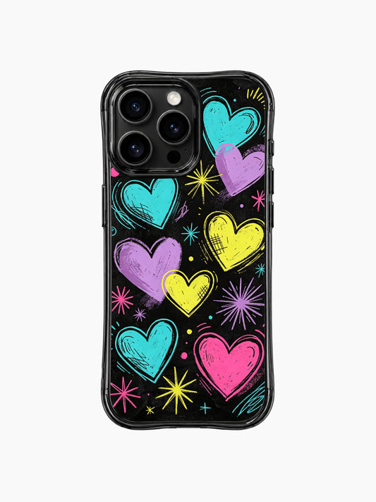 Dark textured grunge street graffiti PhoneCasing iPhone 13 Pro Max casing, pastel outline doodle hearts, star spark doodles and pink spray paint noise grain, youthful valentine accessory