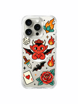 Little devil with colorful dice and rose artwork on an iPhone 15 Pro case