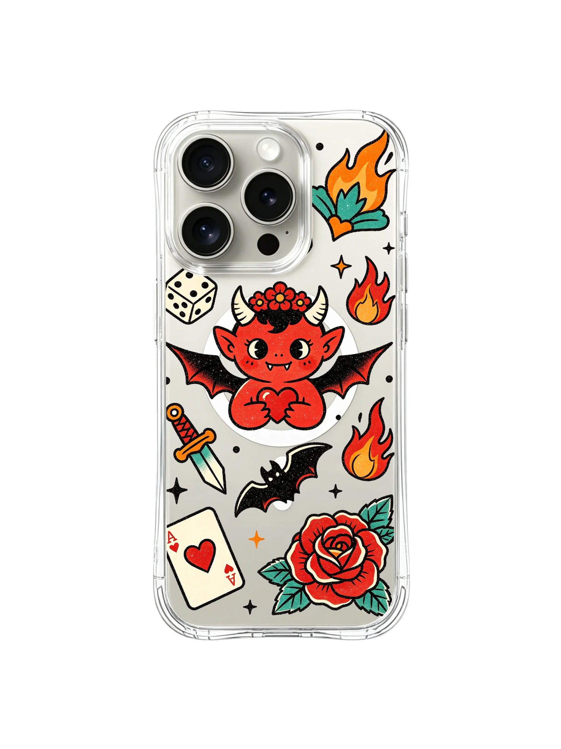 PhoneCasing iPhone 15 pro Case with mixed colorful dice and classic rose surrounding sweet devil, limited-run artist collab protective iPhone 15 pro casing for female collectors.