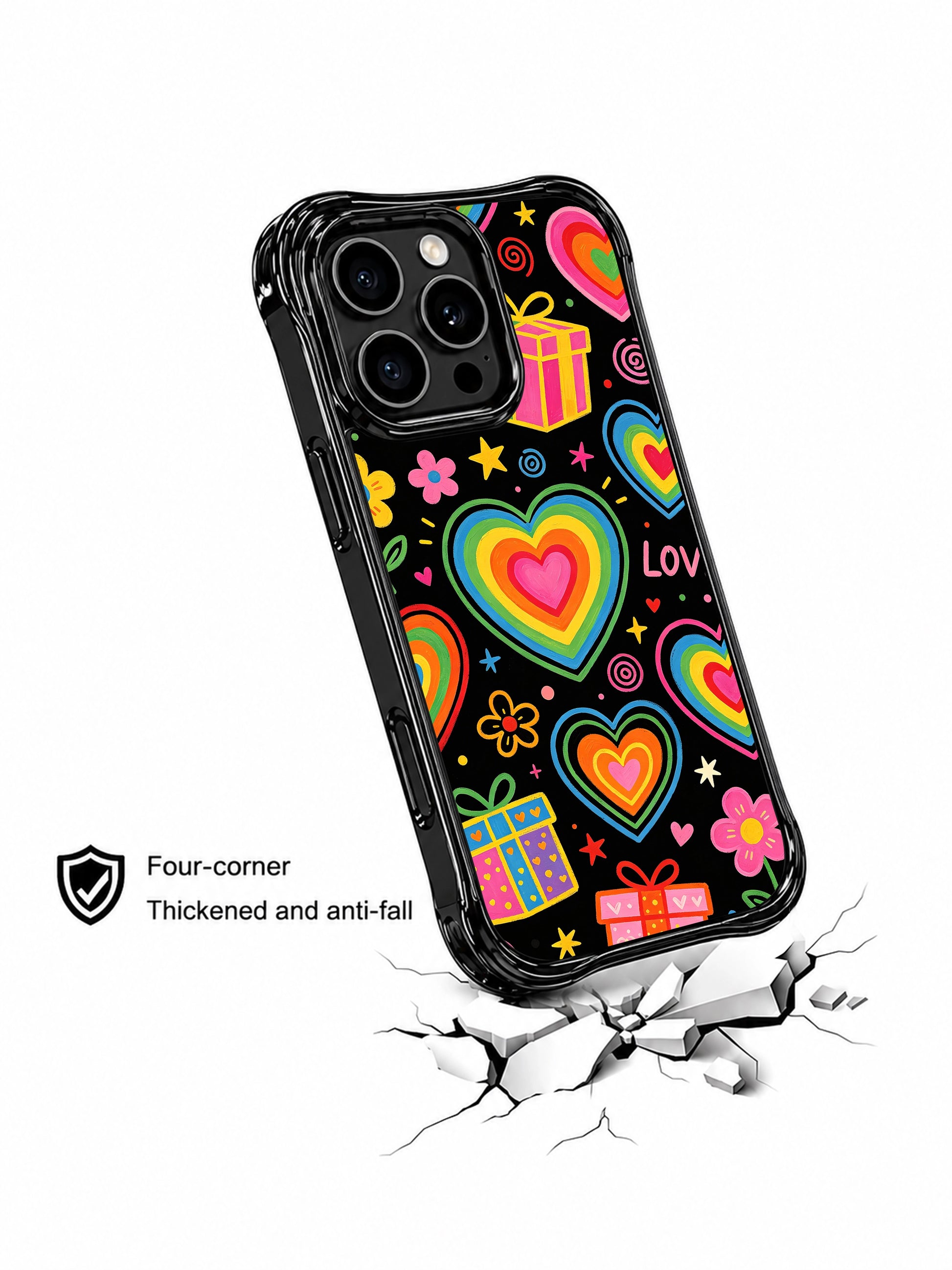 PhoneCasing iPhone 13 Pro Max casing showcasing stacked rainbow outline hearts and striped gift boxes, playful romantic daily wear phone case.