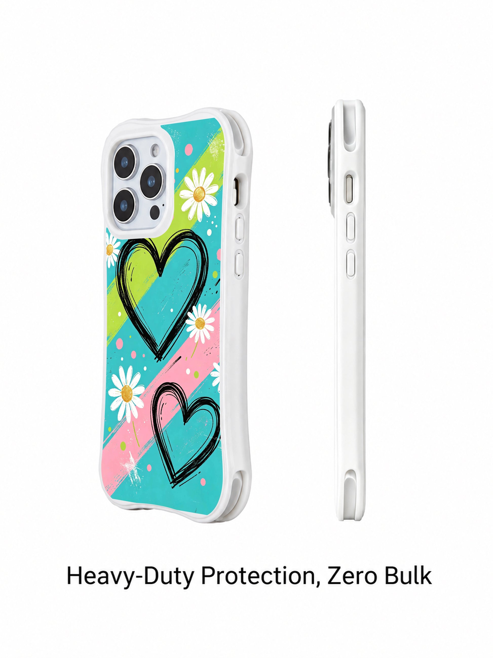 PhoneCasing iPhone 16 pro Case with rough hand-sketched multi-layer black heart and tiny paint splatter dot accents, part of Ruby Daze’s Red Stripe Daisy Signal Collection, fade-resistant wavy art casing.