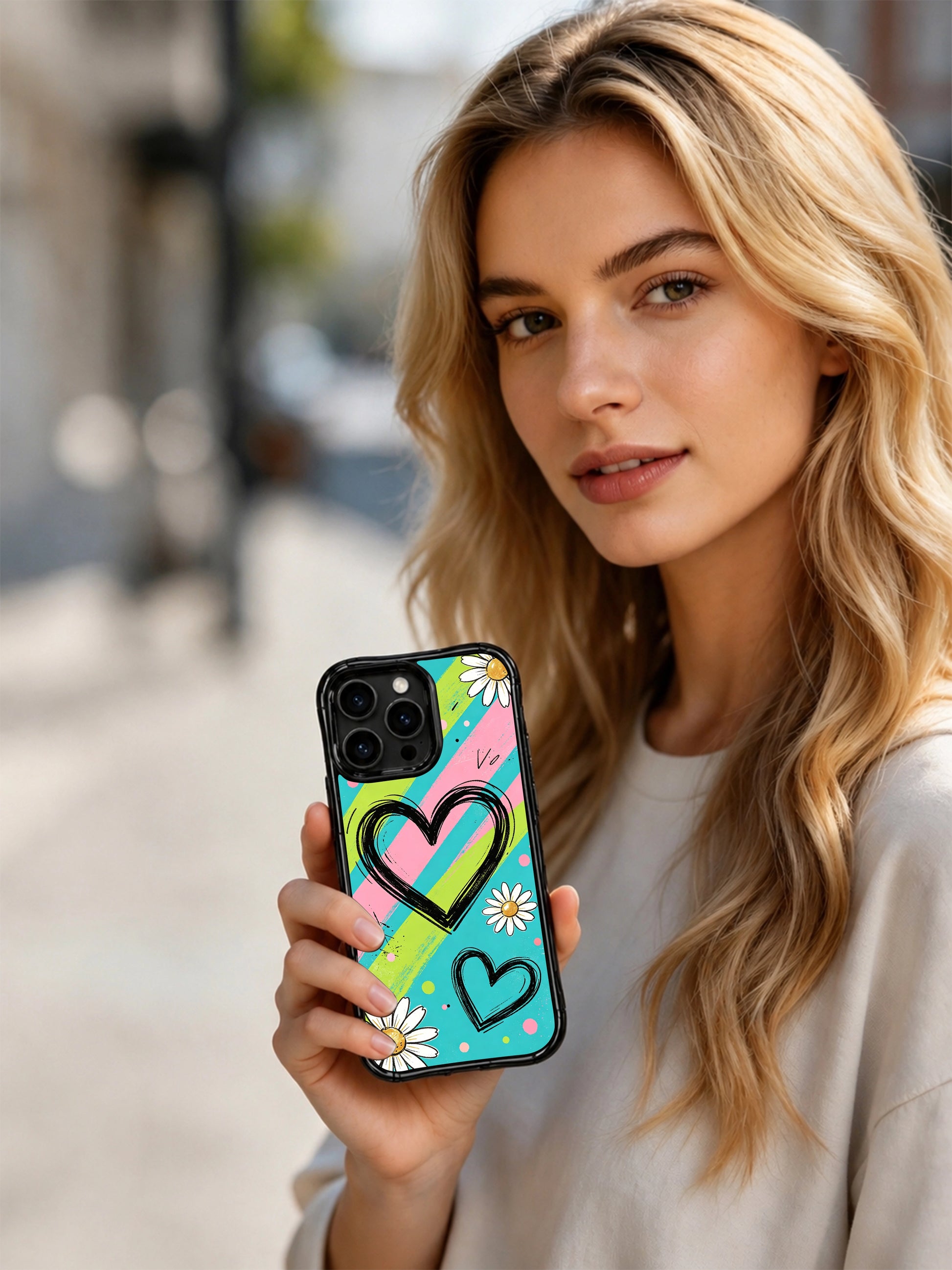 PhoneCasing iPhone 16 pro Case with rough hand-sketched multi-layer black heart and tiny paint splatter dot accents, part of Ruby Daze’s Red Stripe Daisy Signal Collection, fade-resistant wavy art casing.