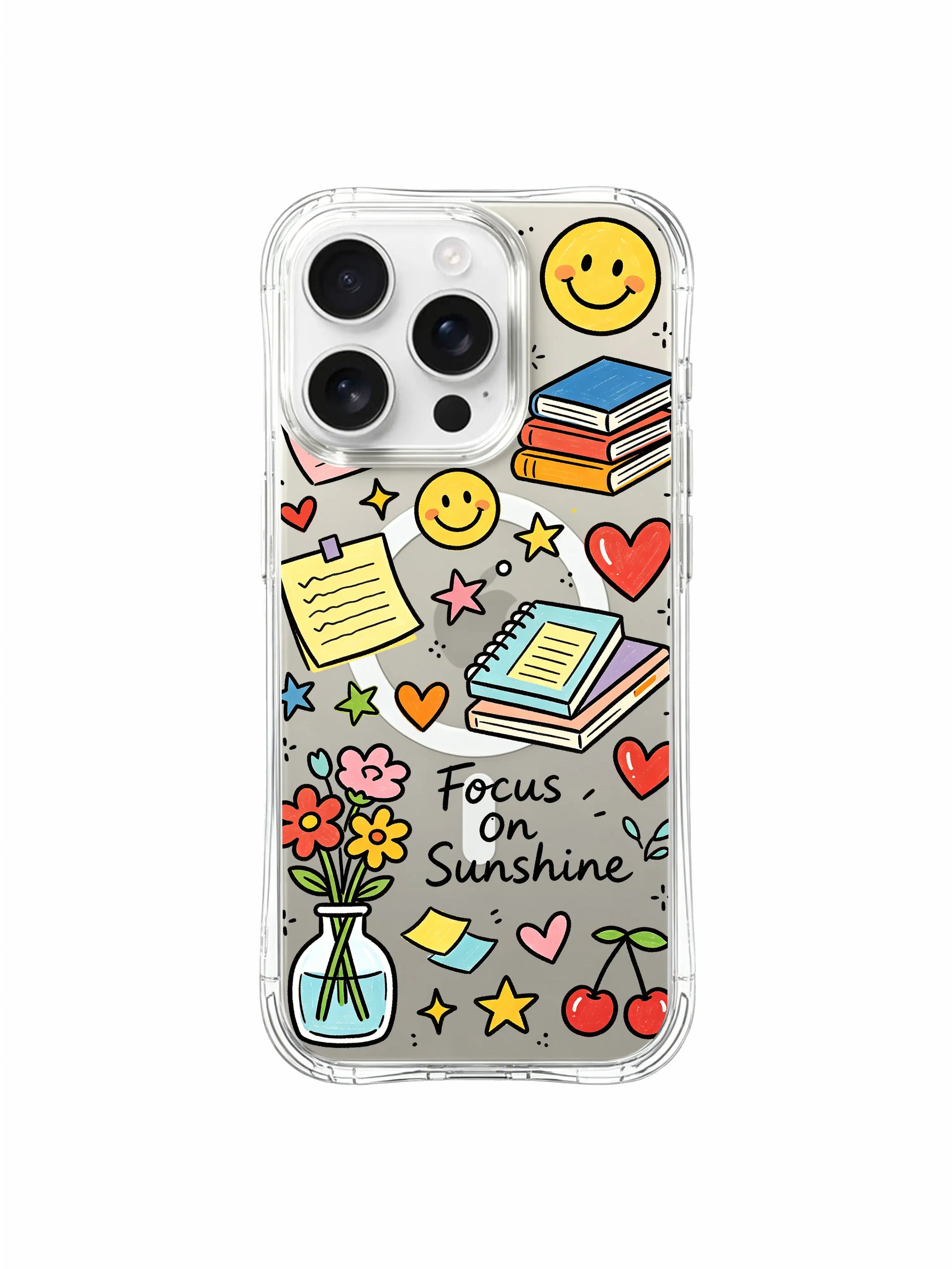 PhoneCasing iPhone 16 pro max long-lasting anti-yellowing case with assorted sticky notes, book stacks and warm sun-inspired doodles.