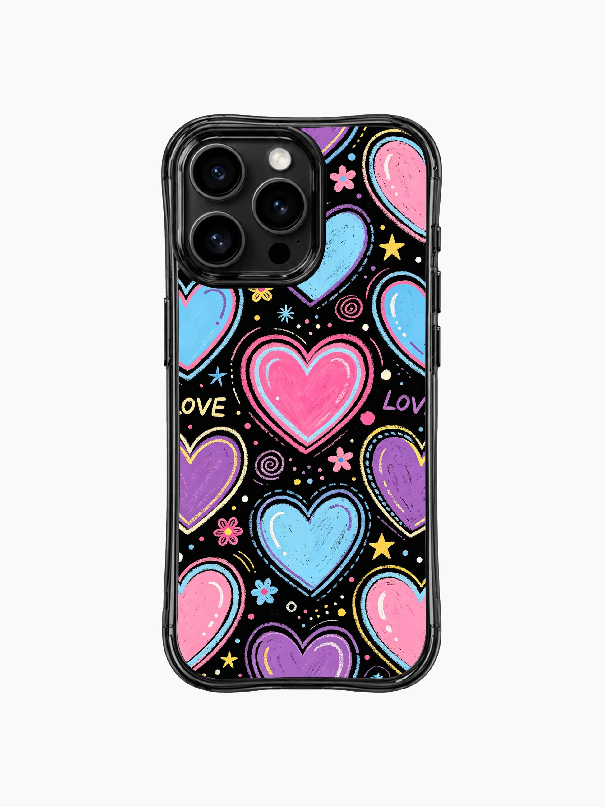 PhoneCasing iPhone 13 Pro Max case with double outline bubblegum hearts, black night canvas cute romantic scratch-resistant phone cover.