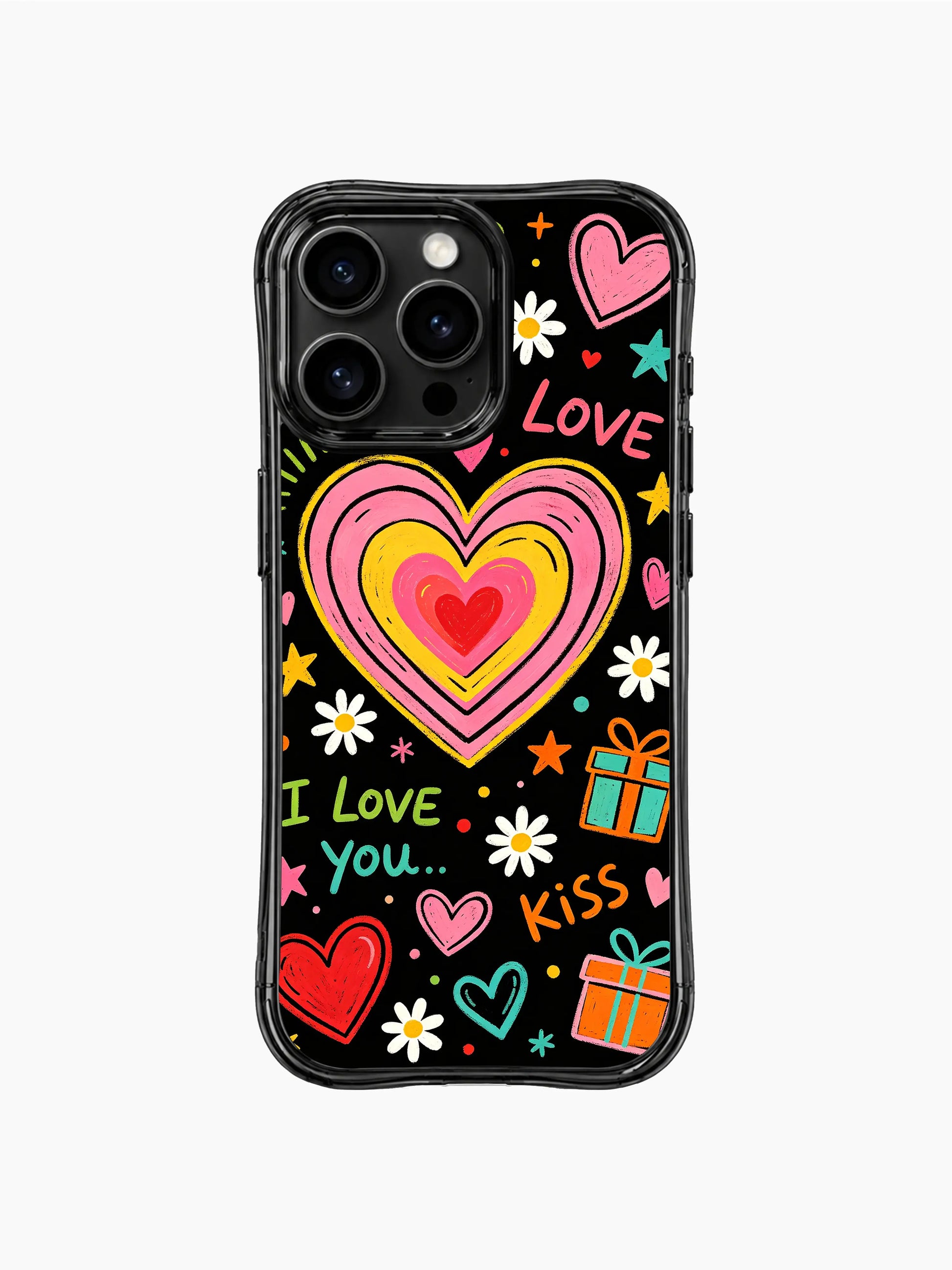 PhoneCasing iPhone 13 Pro Max case full spectrum pastel concentric hearts mixed with handwritten love letter script, loose chalk sketch street pop phone cover casing.