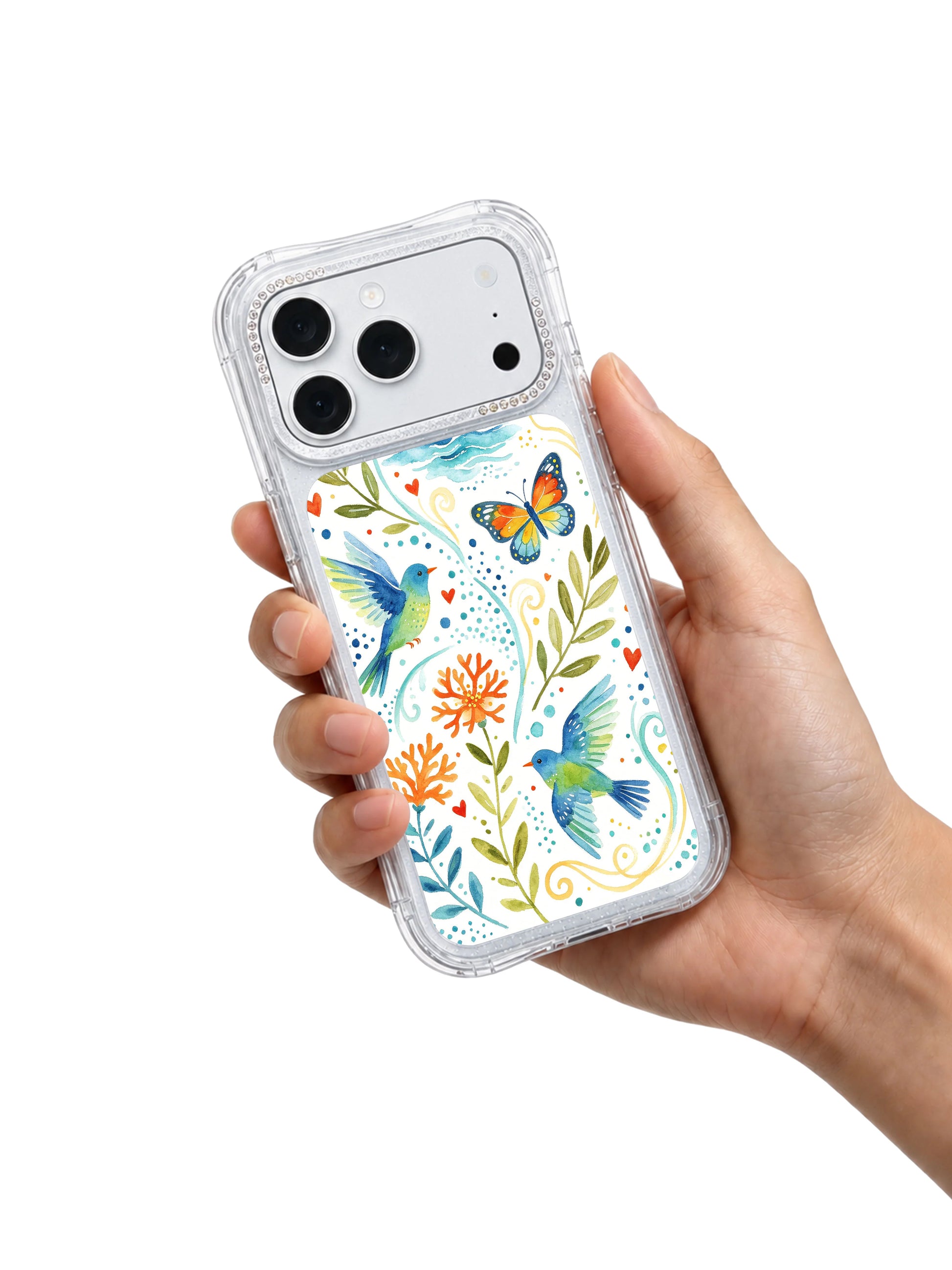 PhoneCasing multi-species wildlife iphone 17 pro Max casing collage shot, teal songbirds and colorful butterflies gliding along ocean dotted swirls with coordinated coral and floral backdrops.
