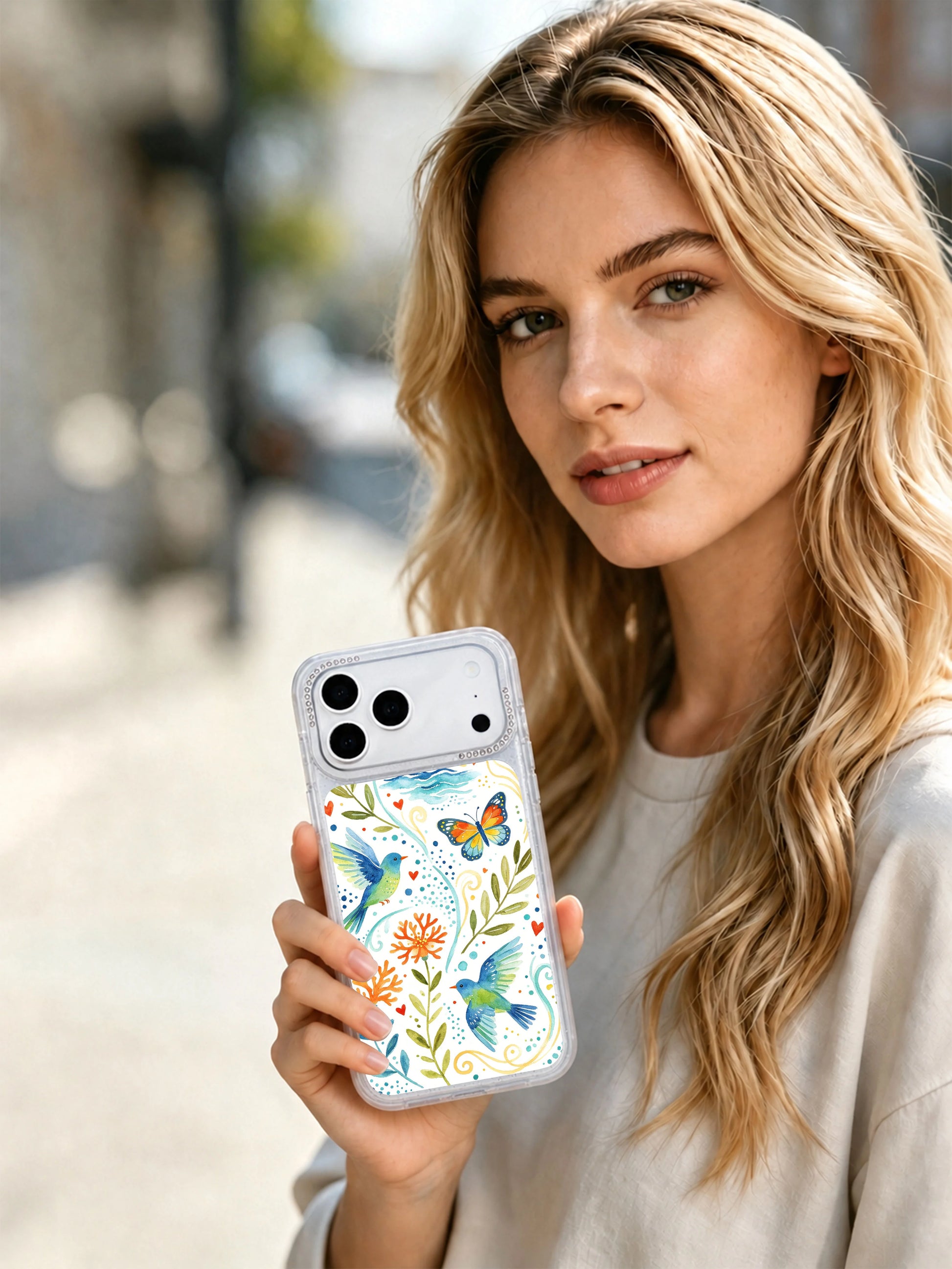 PhoneCasing multi-species wildlife iphone 17 pro Max casing collage shot, teal songbirds and colorful butterflies gliding along ocean dotted swirls with coordinated coral and floral backdrops.