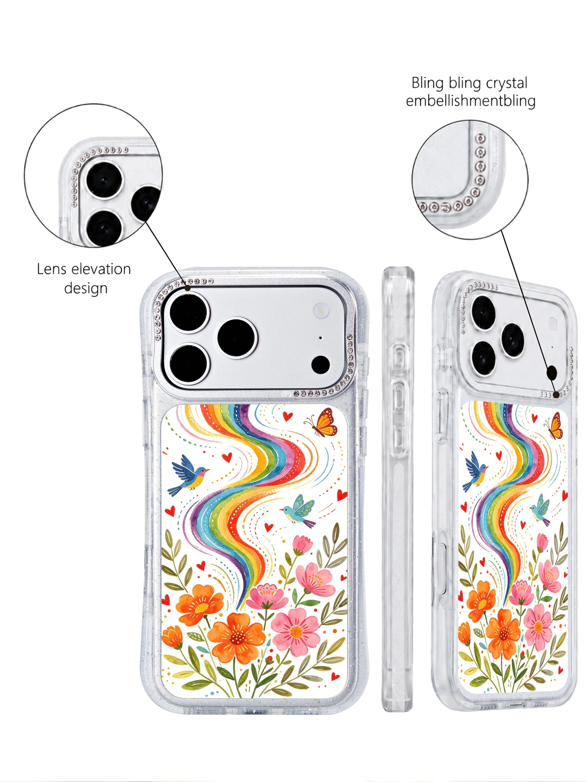 PhoneCasing multi-species wildlife iphone 17 pro Max casing collage, birds and butterflies navigating overlapping rainbow spirals with coordinated botanical backdrops.