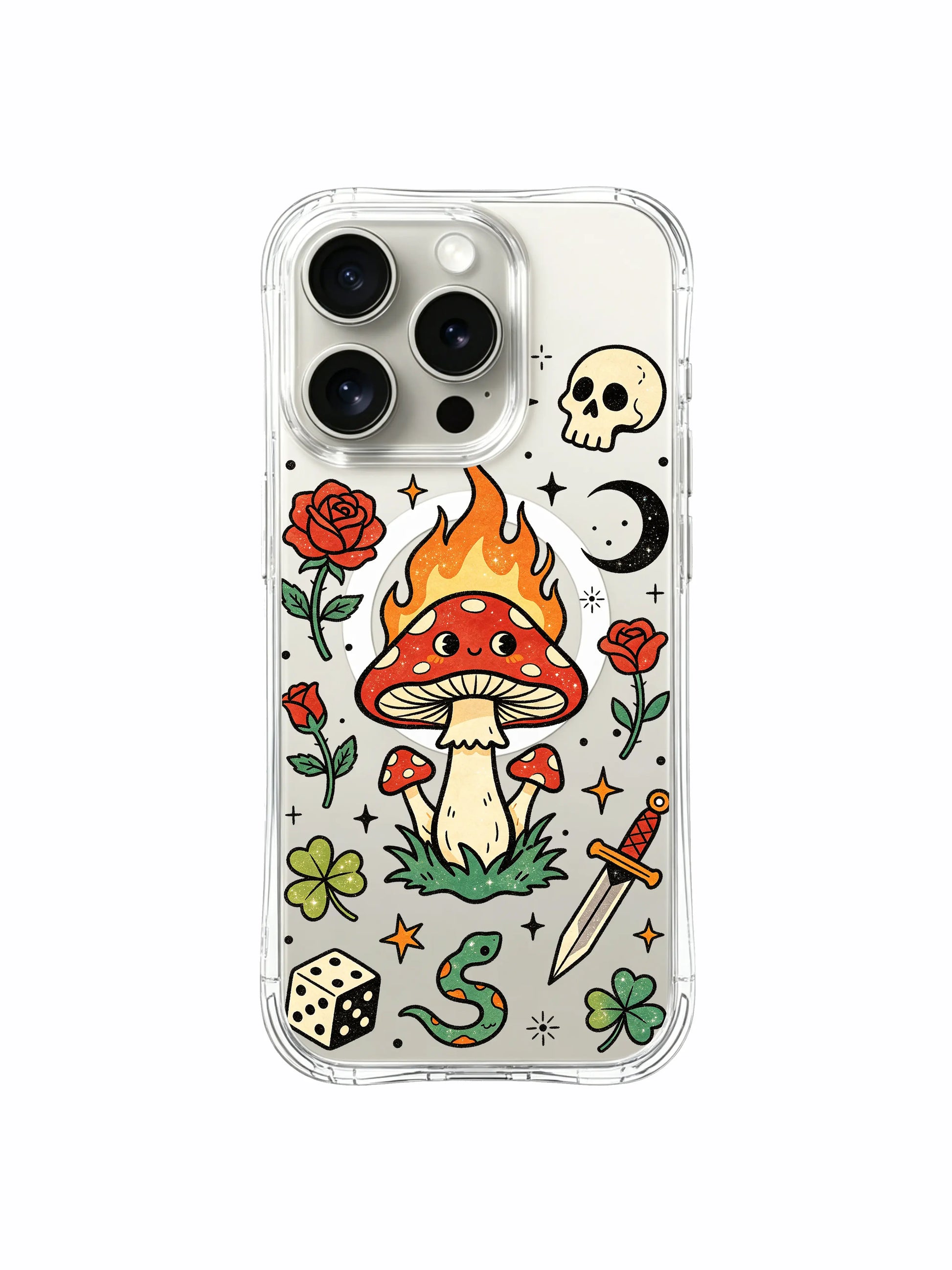PhoneCasing iPhone 15 pro Case butterfly-free composition, multiple orange starbursts, two roses, mixed dice and classic old school flaming mushroom, limited-edition Ruby Blackthorn art iPhone 15 pro casing.