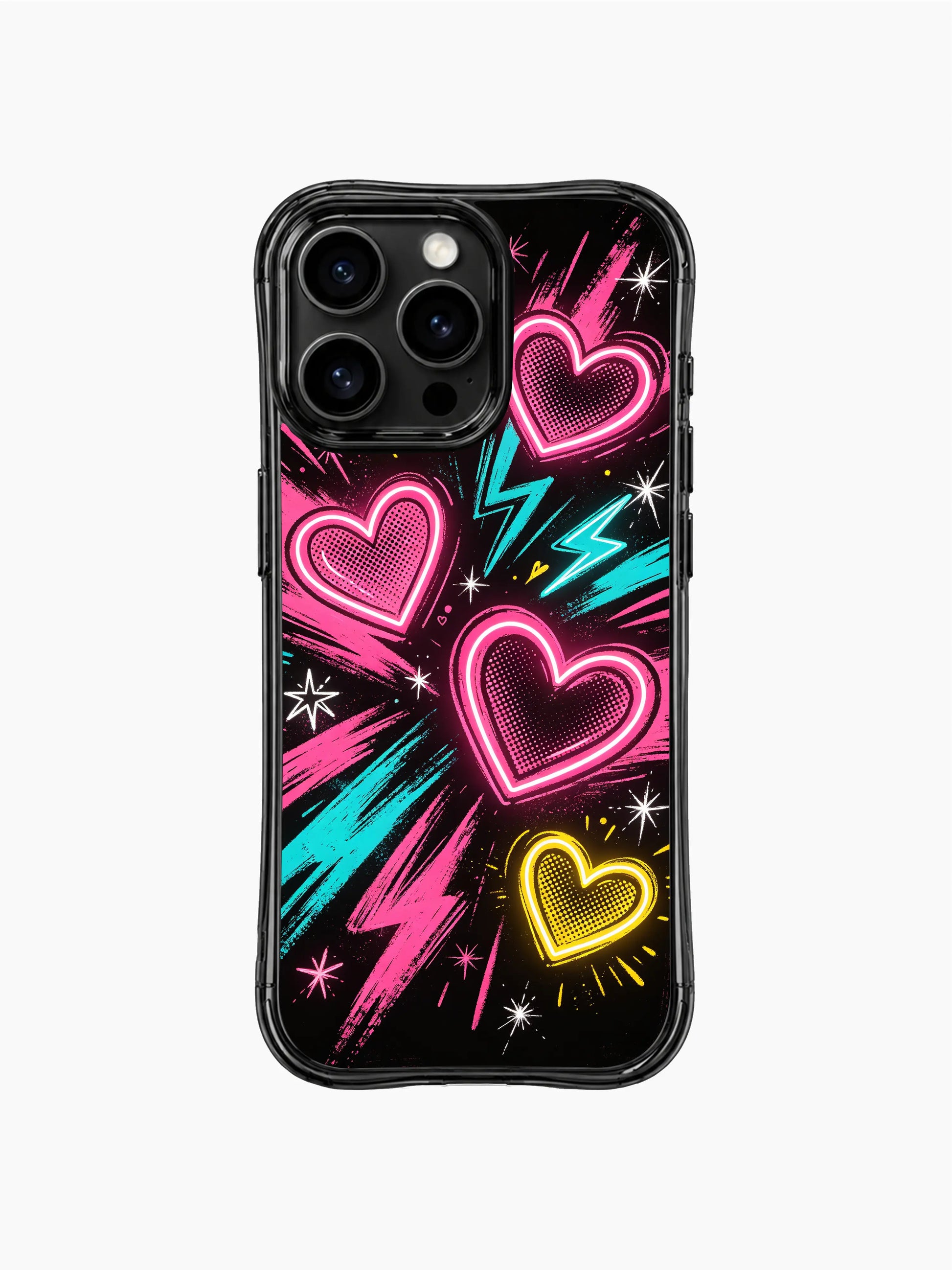 PhoneCasing iPhone 13 Pro Max casing mixed star spark elements: tiny glitter starbursts, multi-point star shapes and mini dot sparkles surrounding neon hearts & lightning bolts, energetic passionate love vibe phone case.