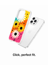 PhoneCasing iPhone 16 pro Case with hand-painted turquoise yellow orange pink color block daisy pattern, exclusive Ruby Daze Candy Riot Daisies design, gallery-quality wavy white frame casing.