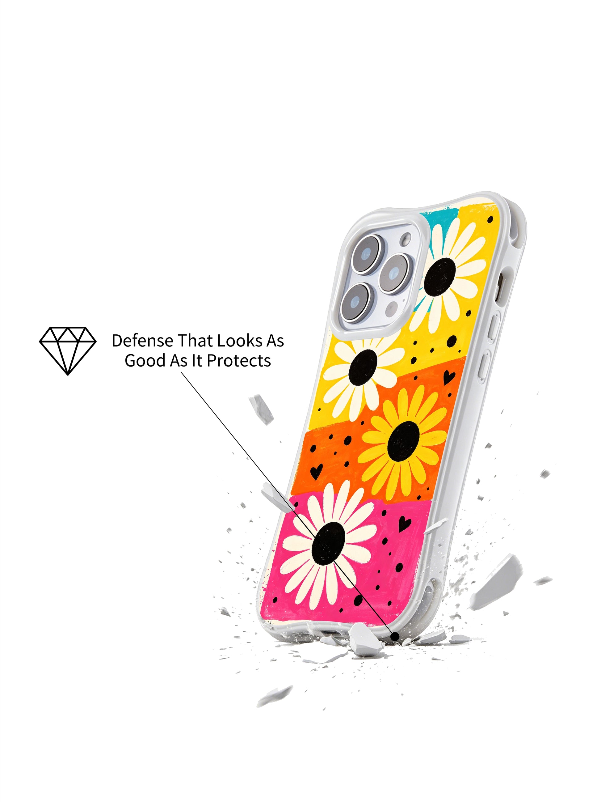 PhoneCasing iPhone 16 pro Case with hand-painted turquoise yellow orange pink color block daisy pattern, exclusive Ruby Daze Candy Riot Daisies design, gallery-quality wavy white frame casing.