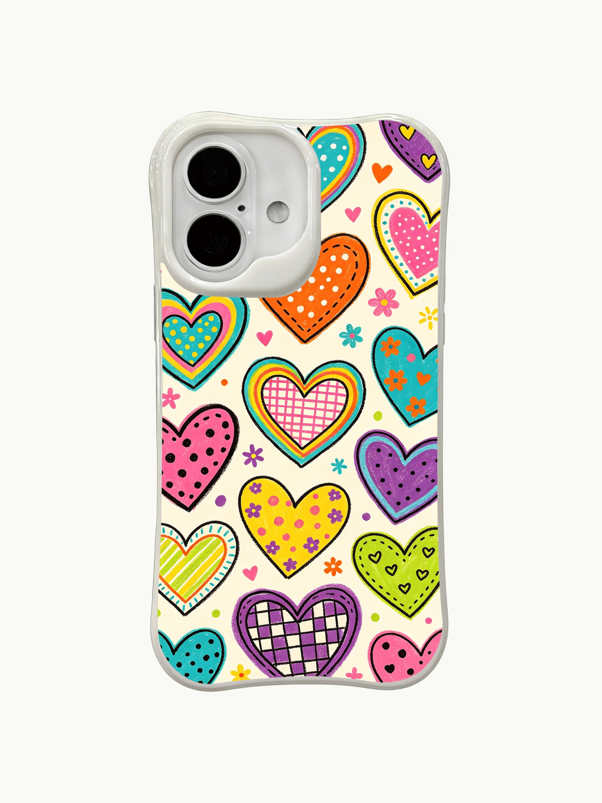 PhoneCasing multicolor doodle hearts iPhone 16 plus case, lively design featuring various decorative patterns on each heart.
