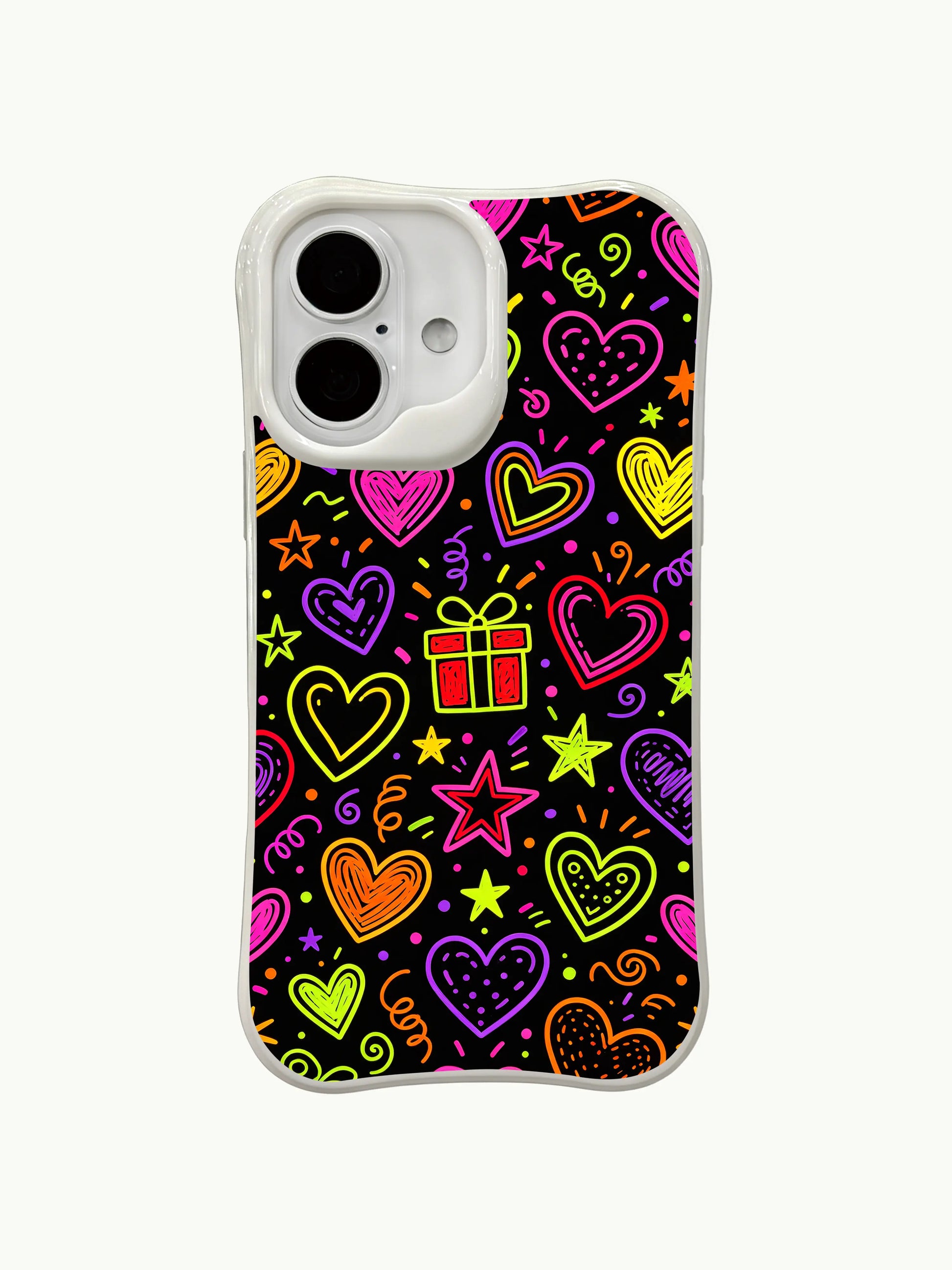 PhoneCasing multicolor party doodles iPhone 16 plus case, lively design featuring glowing hearts, presents and confetti on a dark background.