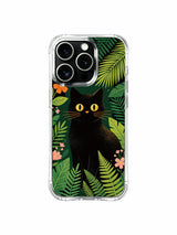 Muted jungle palette PhoneCasing iPhone 13 pro Case, flexible daily phone casing featuring mysterious black cat’s striking golden stare standing out against soft dark green tropical backdrop, understated stylish phone cover.
