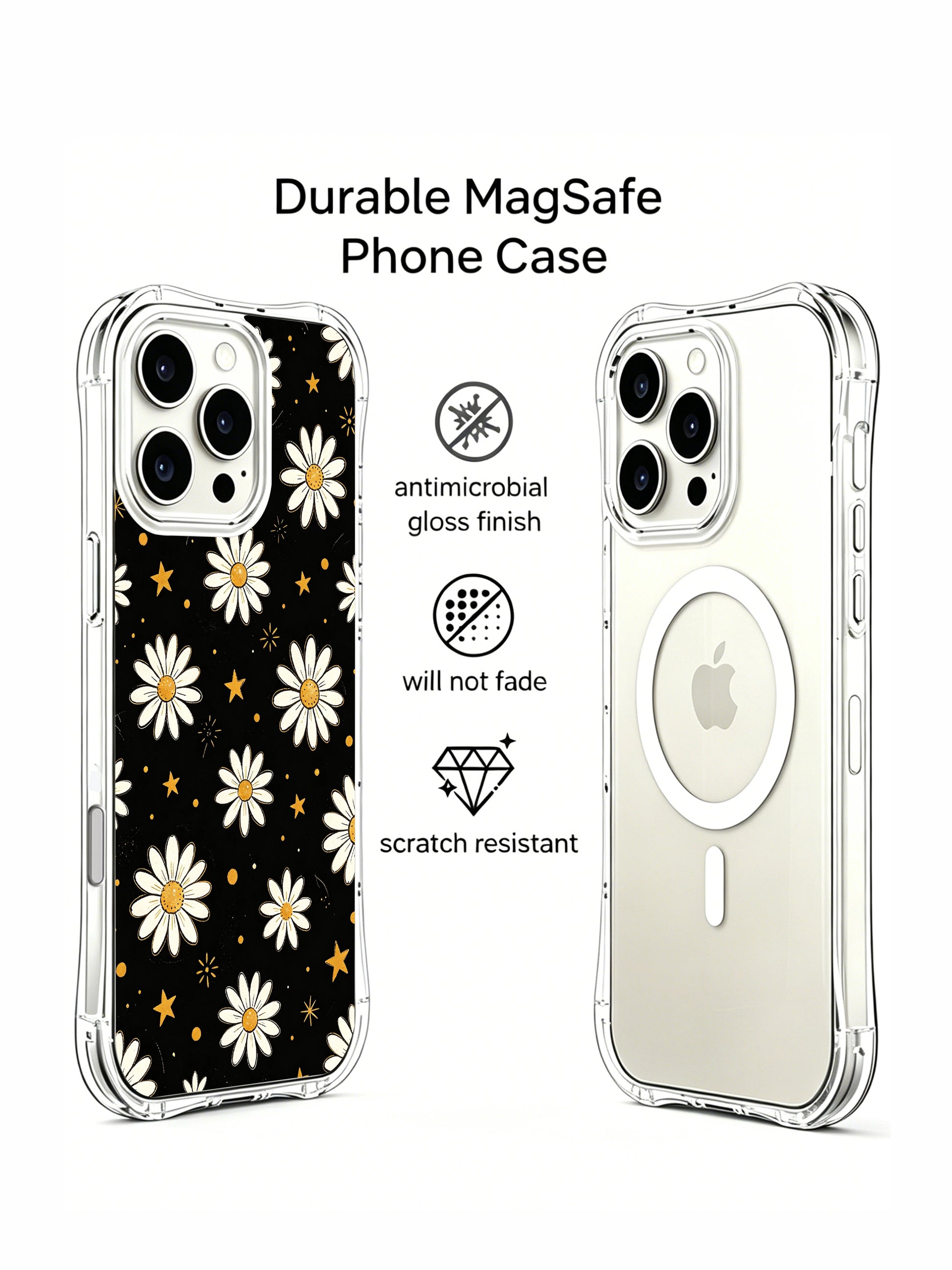 PhoneCasing iPhone 16 Pro Max Case with Mystery Blooms design, white daisies glowing softly against a dark, starry background.