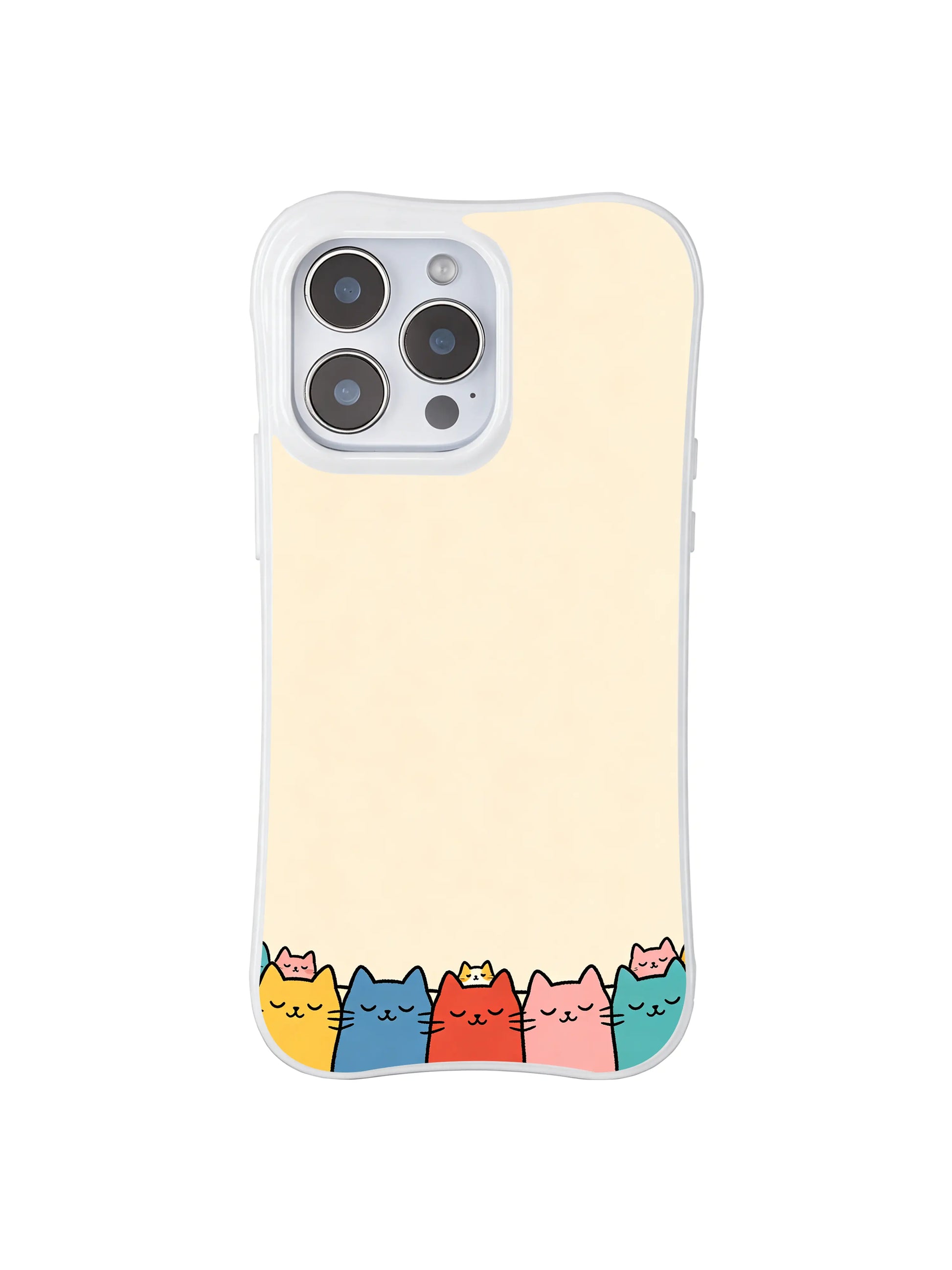PhoneCasing iPhone 16 Pro Max with Naive Style Balancing Cats design, hand-drawn cats in simple, colorful shapes against a dreamy cream backdrop.