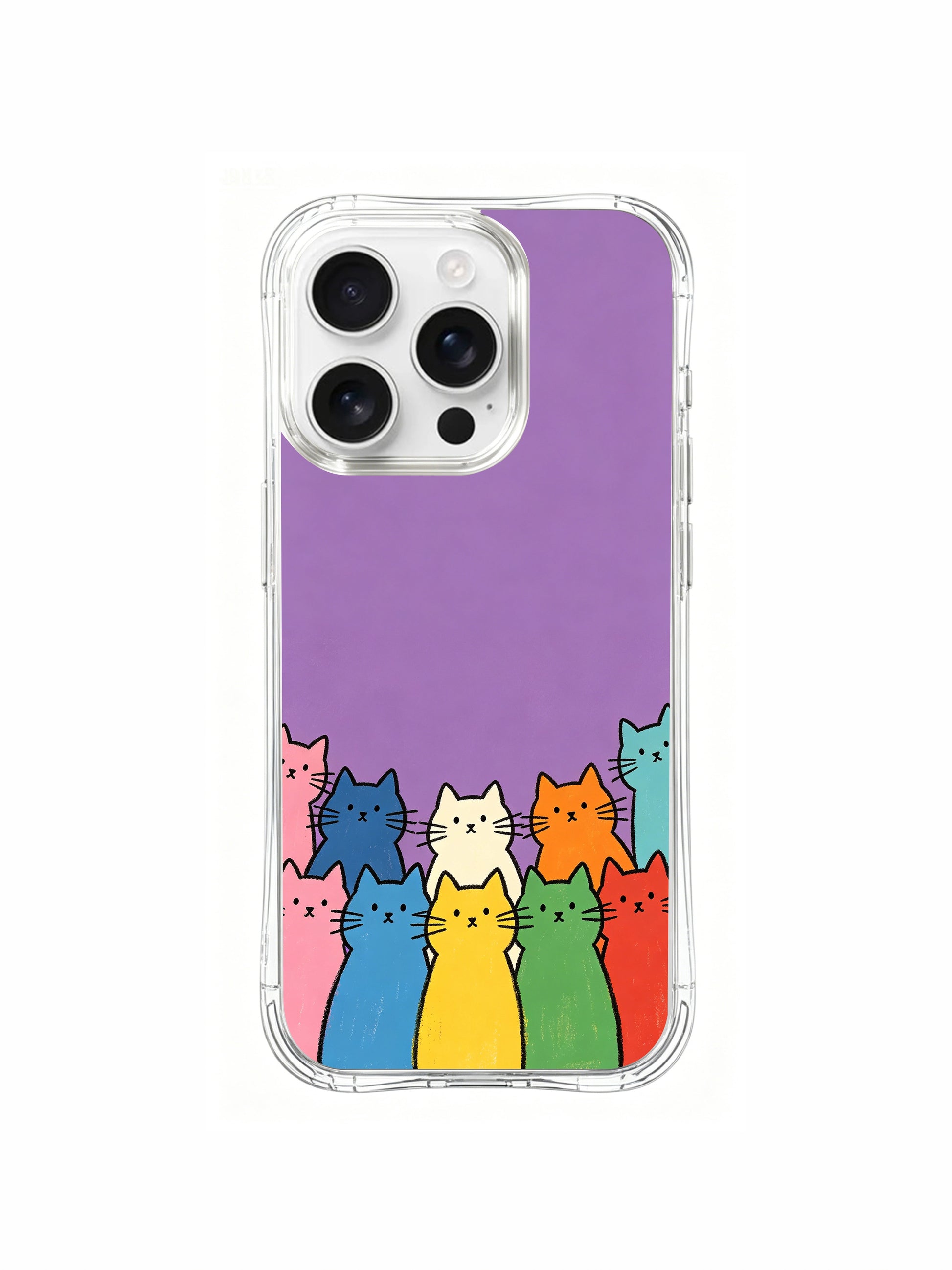 PhoneCasing iPhone 16 Pro Max with Naive Style Cat Crowd design, hand-drawn cats with bold outlines on a dreamy purple backdrop.