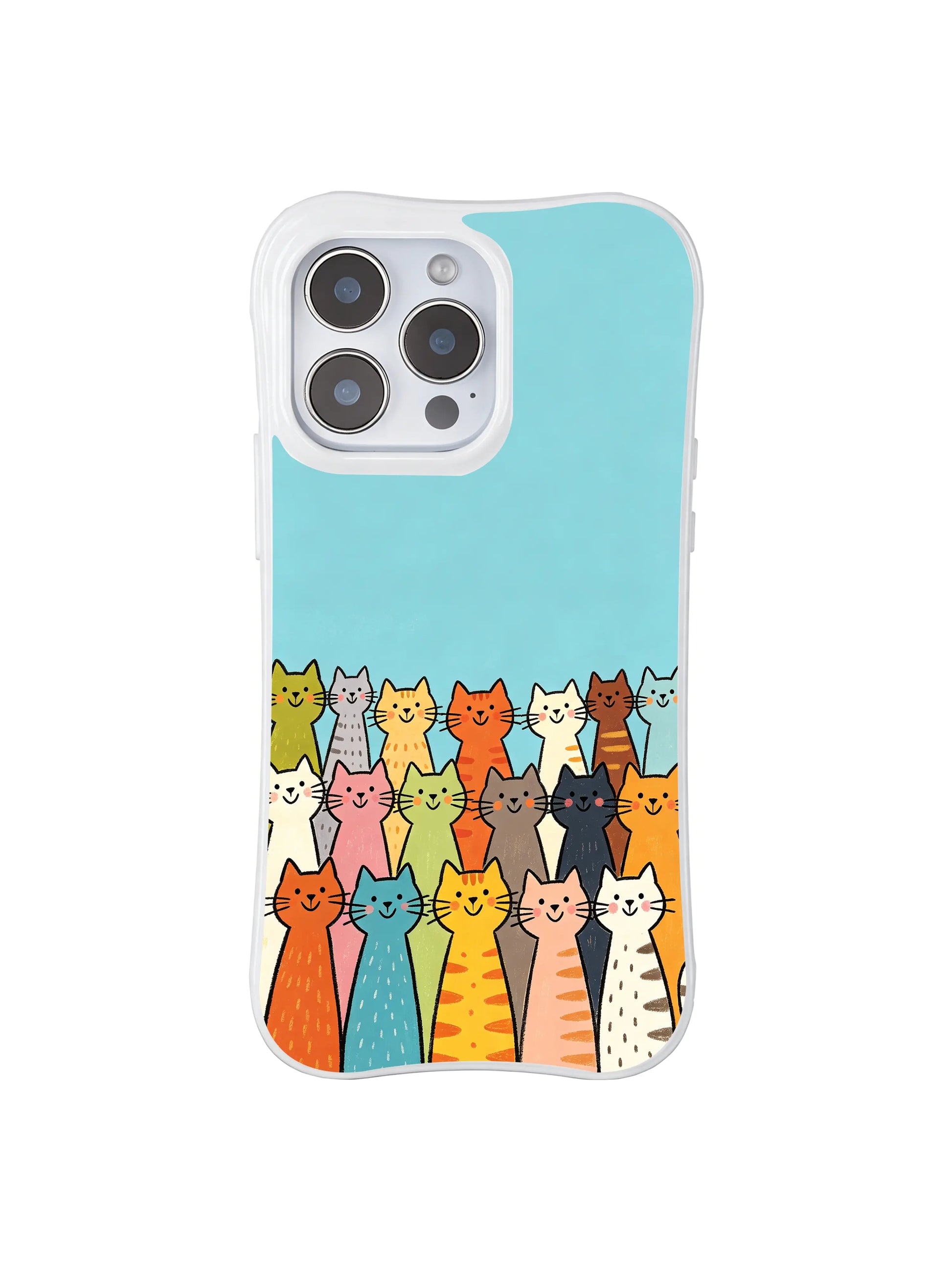 PhoneCasing iPhone 16 Pro Max with Naive Style Colorful Cats design, hand-drawn cats in simple, bright hues against a dreamy sky-blue backdrop.