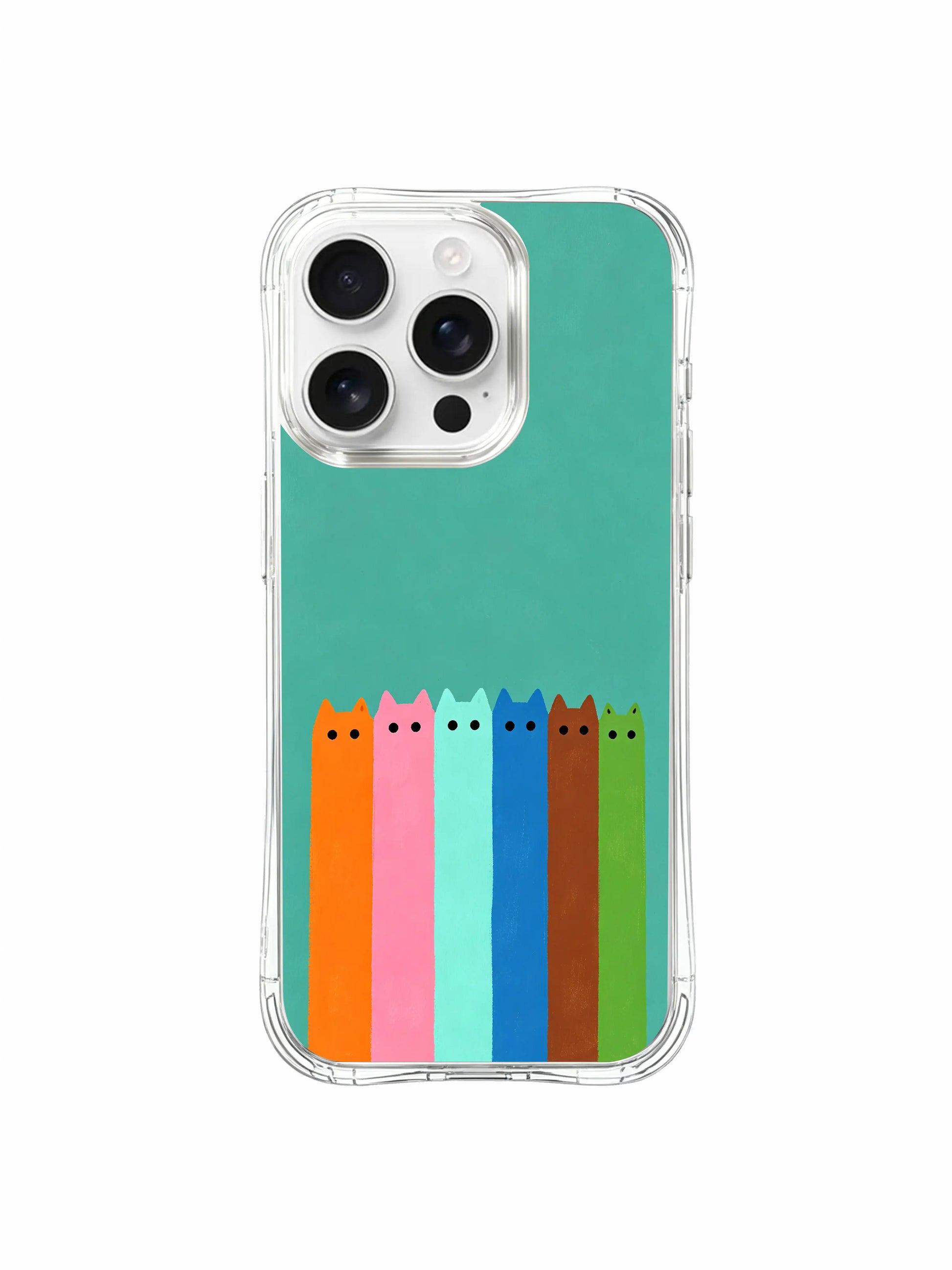 PhoneCasing iPhone 16 Pro Max with Naive Style Rising Cats design, hand-drawn cats in simple, colorful shapes against a dreamy teal backdrop.