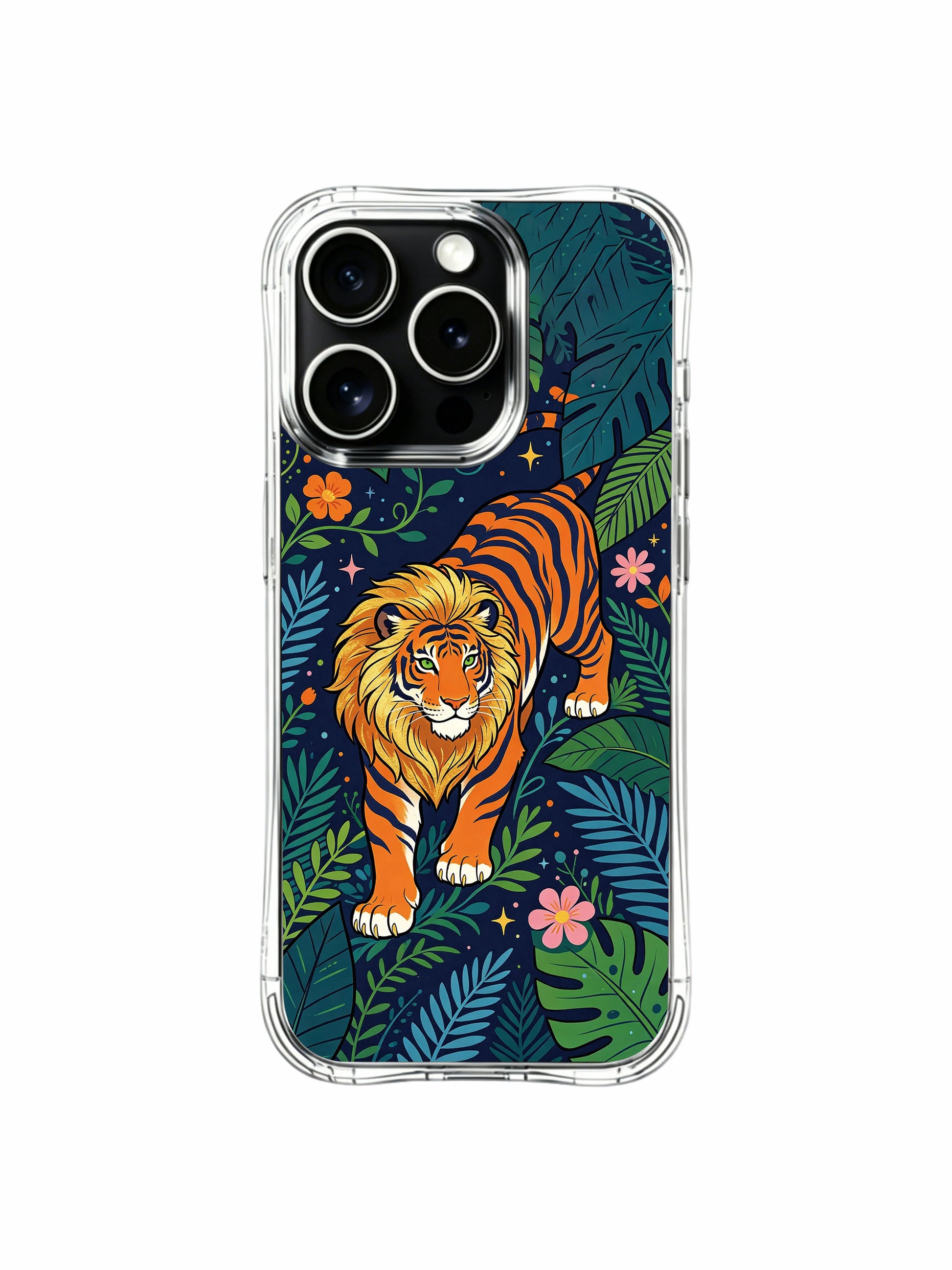 Wilderness fire-spirit art PhoneCasing iPhone 13 pro Case, scratch-resistant flexible phone casing showcasing bold energetic orange tiger blending into dark starry jungle and clustered vivid blossoms, premium decorative phone cover.