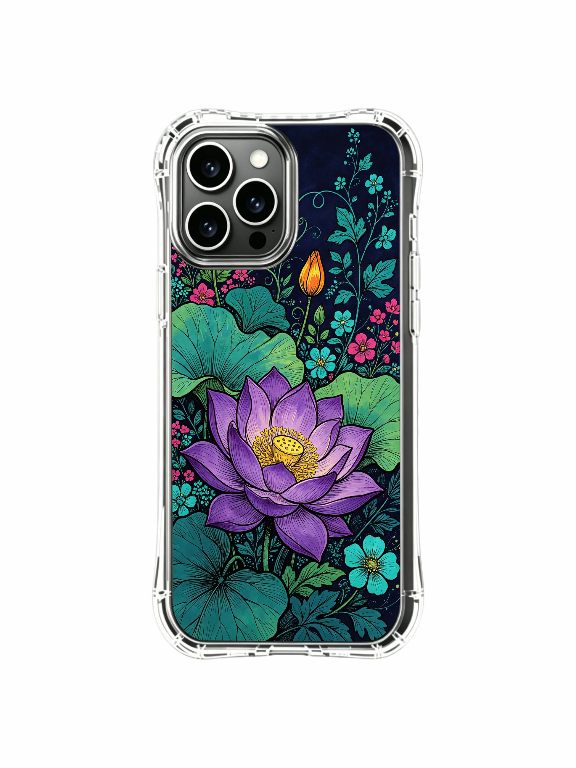 PhoneCasing iPhone 16 Pro Max Case with nature-inspired art by Elias Nocturne. Purple lotus and midnight garden pattern, illustrated case with premium quality print.