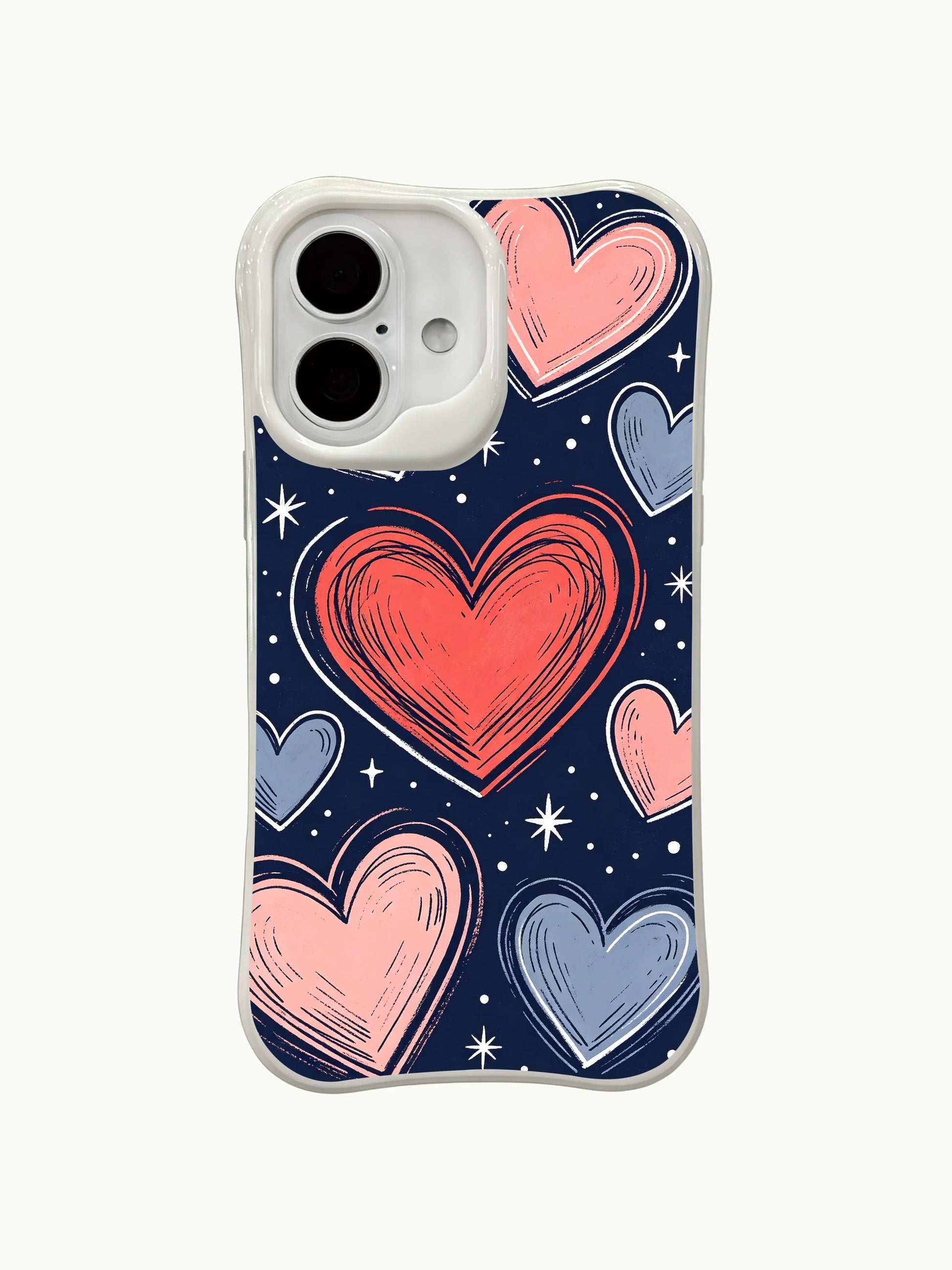 PhoneCasing navy background hearts iPhone 16 plus case, elegant sketch hearts design, fade-resistant and long-lasting colors.