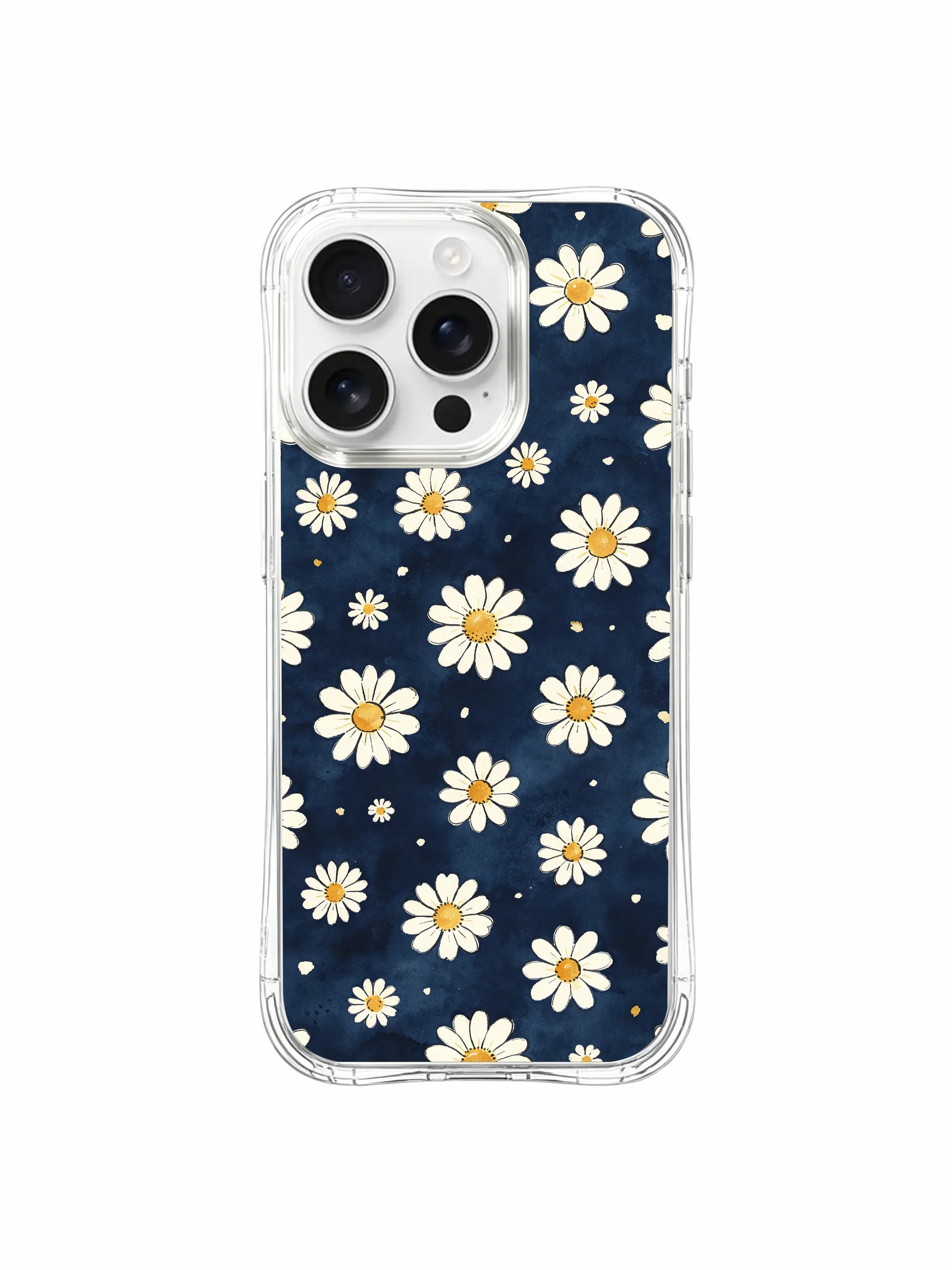 PhoneCasing iPhone 16 Pro Max Case with soft watercolor daisy patterns on a deep navy background, Mira Bloomwell’s signature calm aesthetic design.