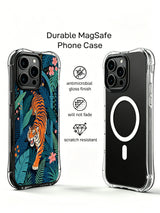 Bold striped tiger weaving through twisting vines amid deep navy secret jungle palace iPhone 13 pro Case from PhoneCasing, scratch-resistant slim iPhone 13 pro casing decorated with hibiscus lantern-style blooms and oversized palm fronds, adventure-driven nature art phone cover.