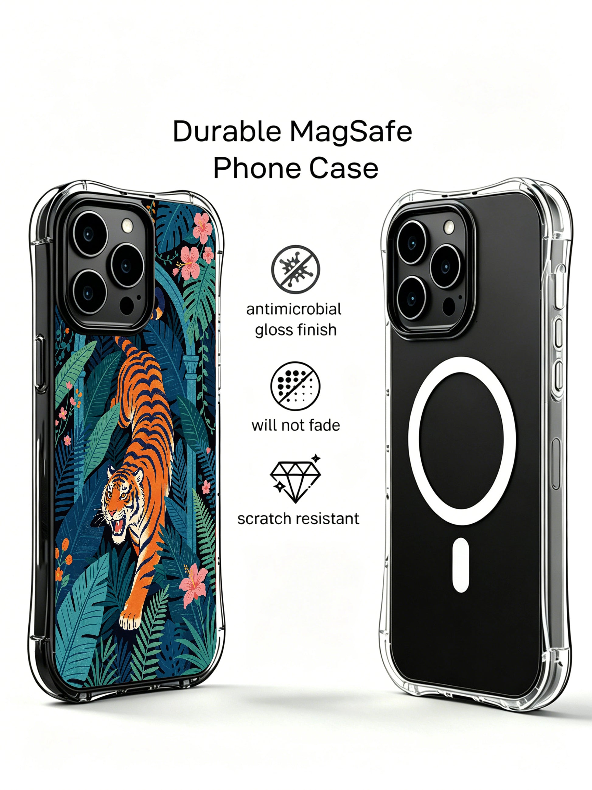 Bold striped tiger weaving through twisting vines amid deep navy secret jungle palace iPhone 13 pro Case from PhoneCasing, scratch-resistant slim iPhone 13 pro casing decorated with hibiscus lantern-style blooms and oversized palm fronds, adventure-driven nature art phone cover.