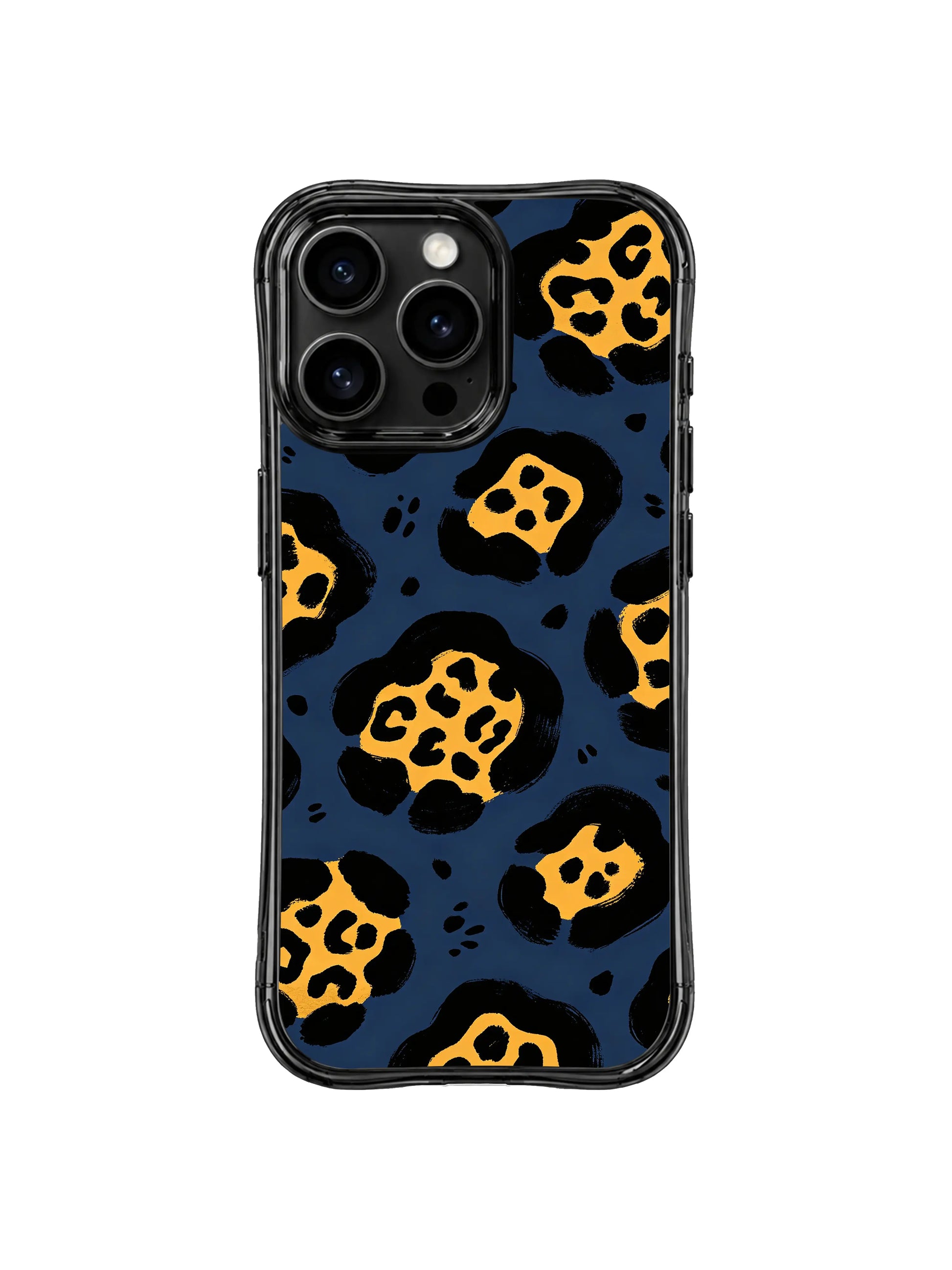 Lifestyle handheld shot of PhoneCasing navy gold leopard iPhone 14 Pro Case, held by female model showcasing sophisticated dark wild aesthetic for daily fashion accessorizing