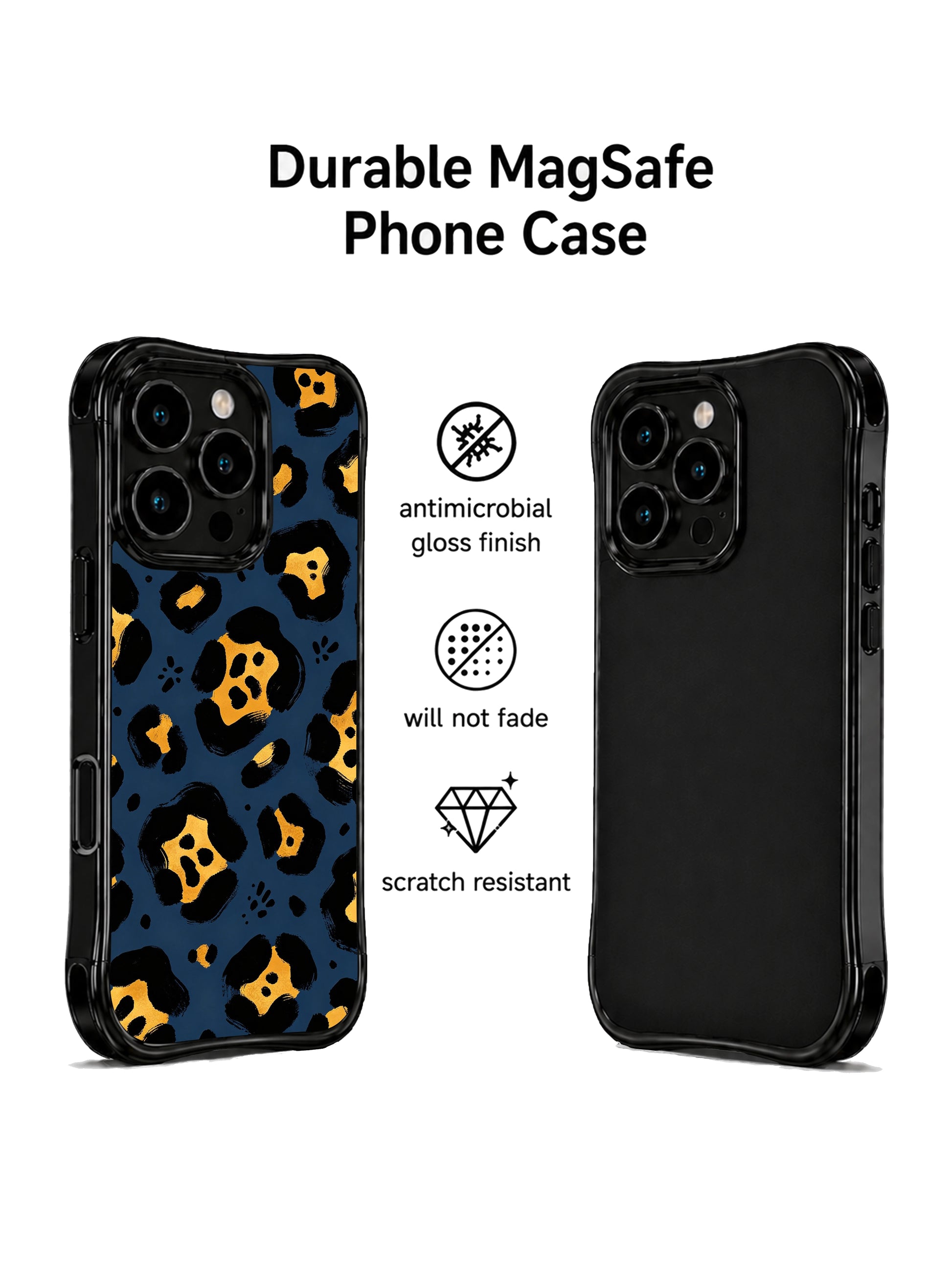 Close texture detail shot of PhoneCasing navy gold wild leopard iPhone 14 Pro Case, thick hand-drawn black brushstroke outlines with shimmer golden inner spots, fade-proof museum-grade ink print