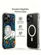 White lion with a layered mane on navy foliage artwork on an iPhone 13 Pro case