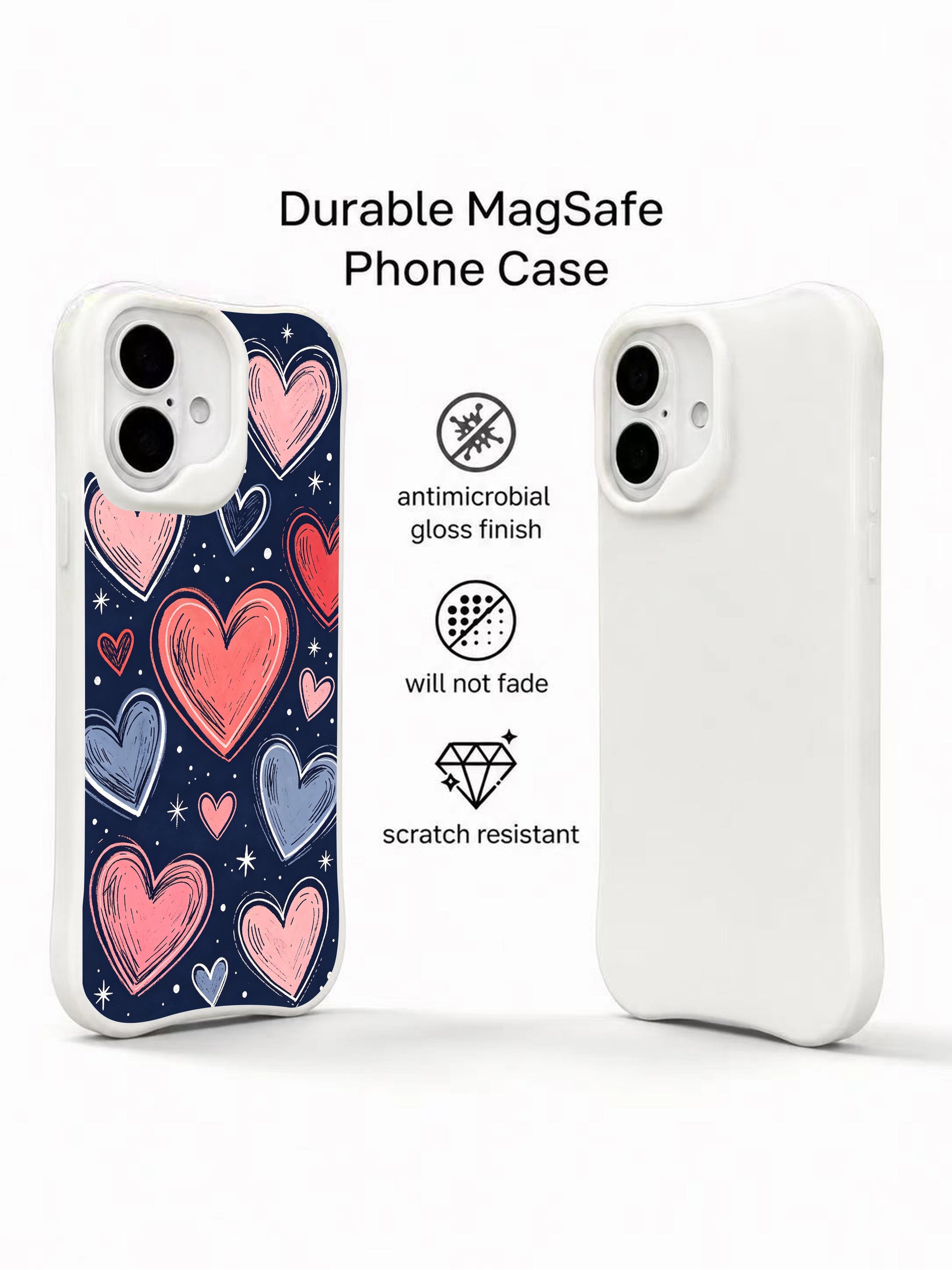 PhoneCasing navy sky hearts iPhone 16 plus case, dreamy hand-drawn art, high quality iphone 16 plus casing made in California.