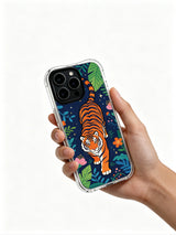 Deep navy star speckled night backdrop tropical tiger portrait iPhone 13 pro Case from PhoneCasing, ultra-thin anti-yellow iPhone 13 pro casing paired with multicolor jungle flora, minimalist boho wild cat phone cover.