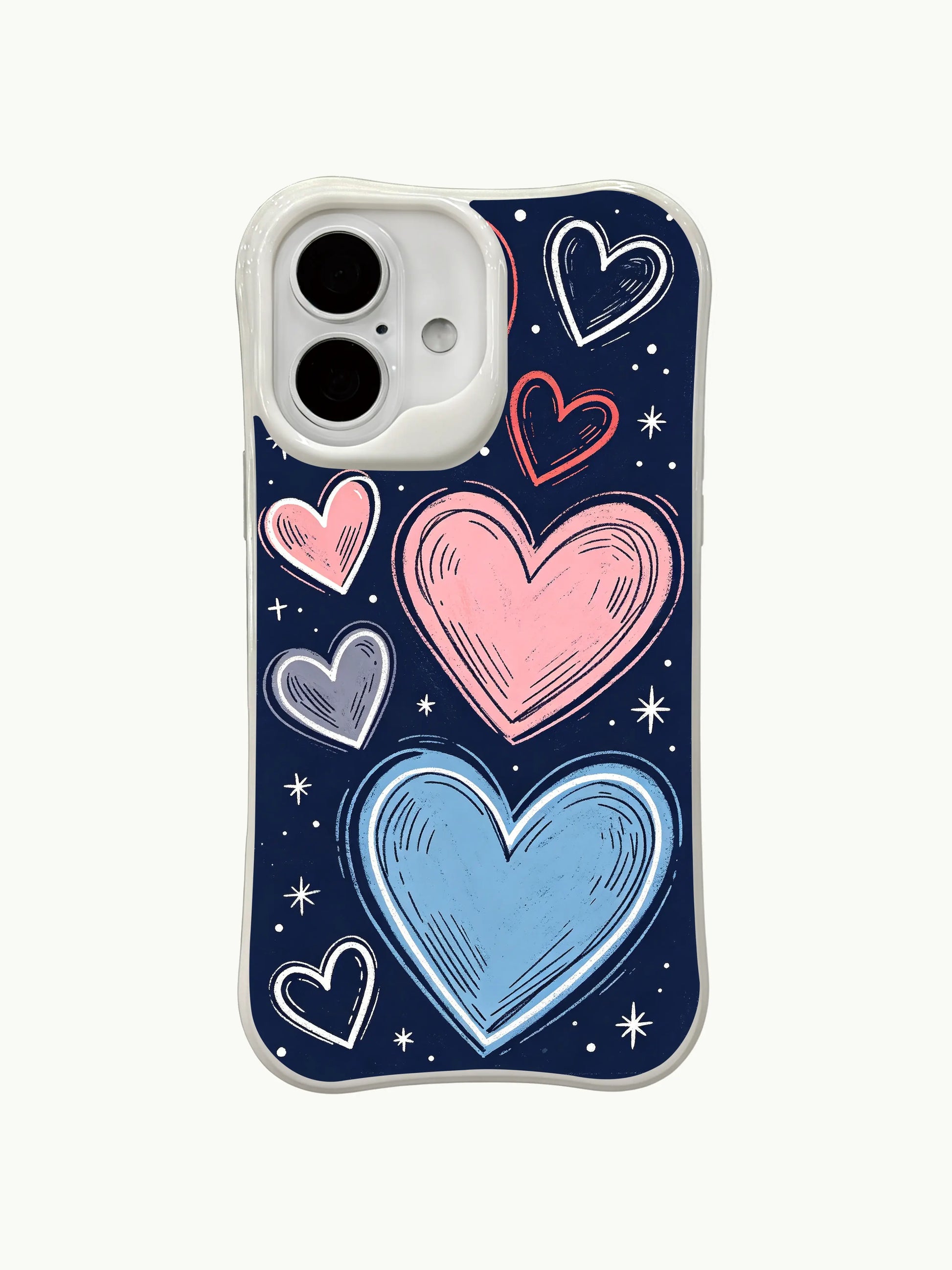 PhoneCasing navy starlight hearts iPhone 16 plus case, whimsical design combining hearts and stars, locally crafted in California.