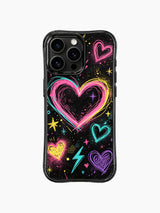 PhoneCasing iPhone 13 Pro Max case large central scribble hearts filled with subtle galaxy nebula glitter gradient, thin messy outer scribble outlines, full neon pink yellow teal purple palette, cosmic street pop phone cover casing.