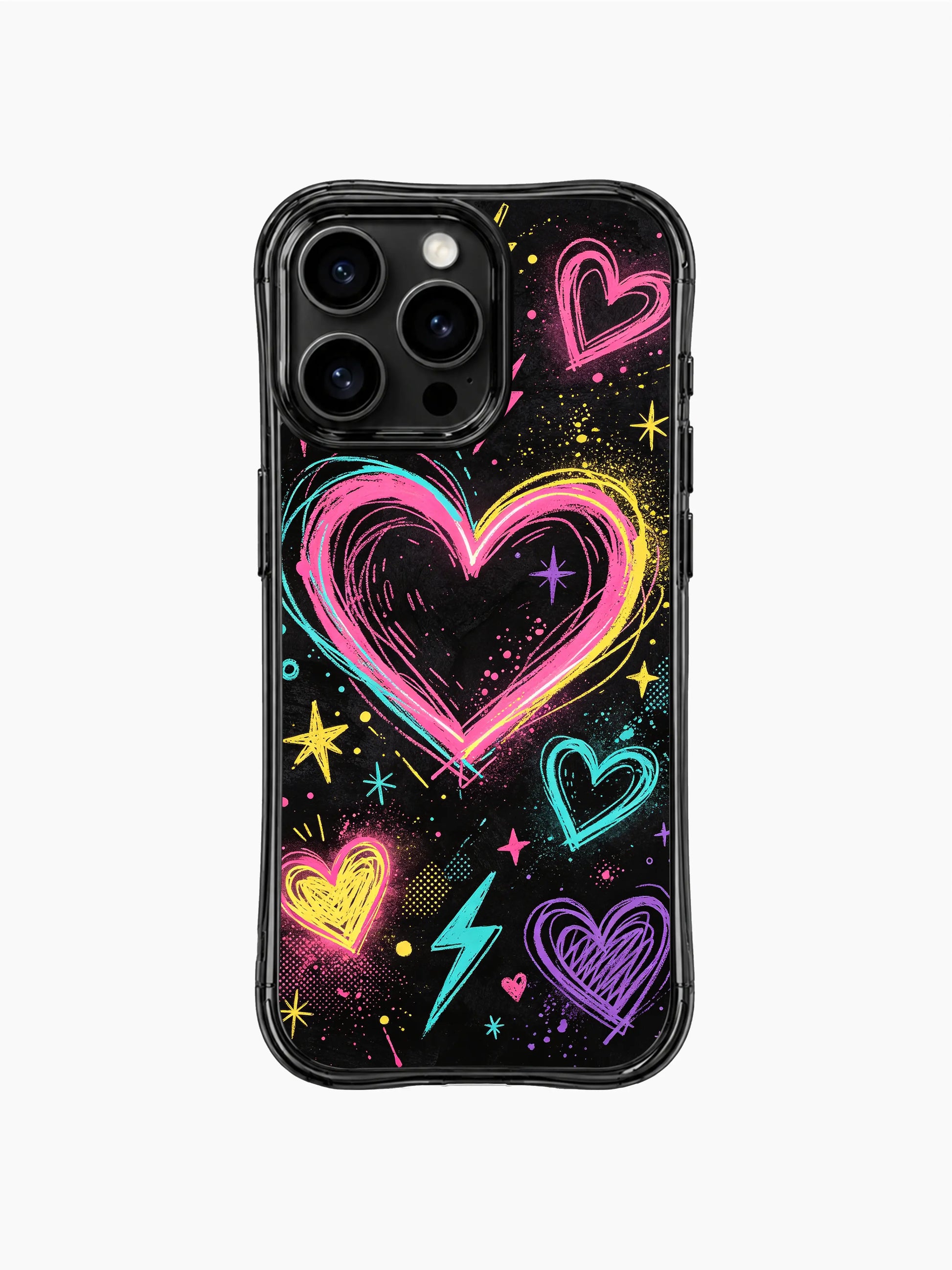 PhoneCasing iPhone 13 Pro Max case large central scribble hearts filled with subtle galaxy nebula glitter gradient, thin messy outer scribble outlines, full neon pink yellow teal purple palette, cosmic street pop phone cover casing.