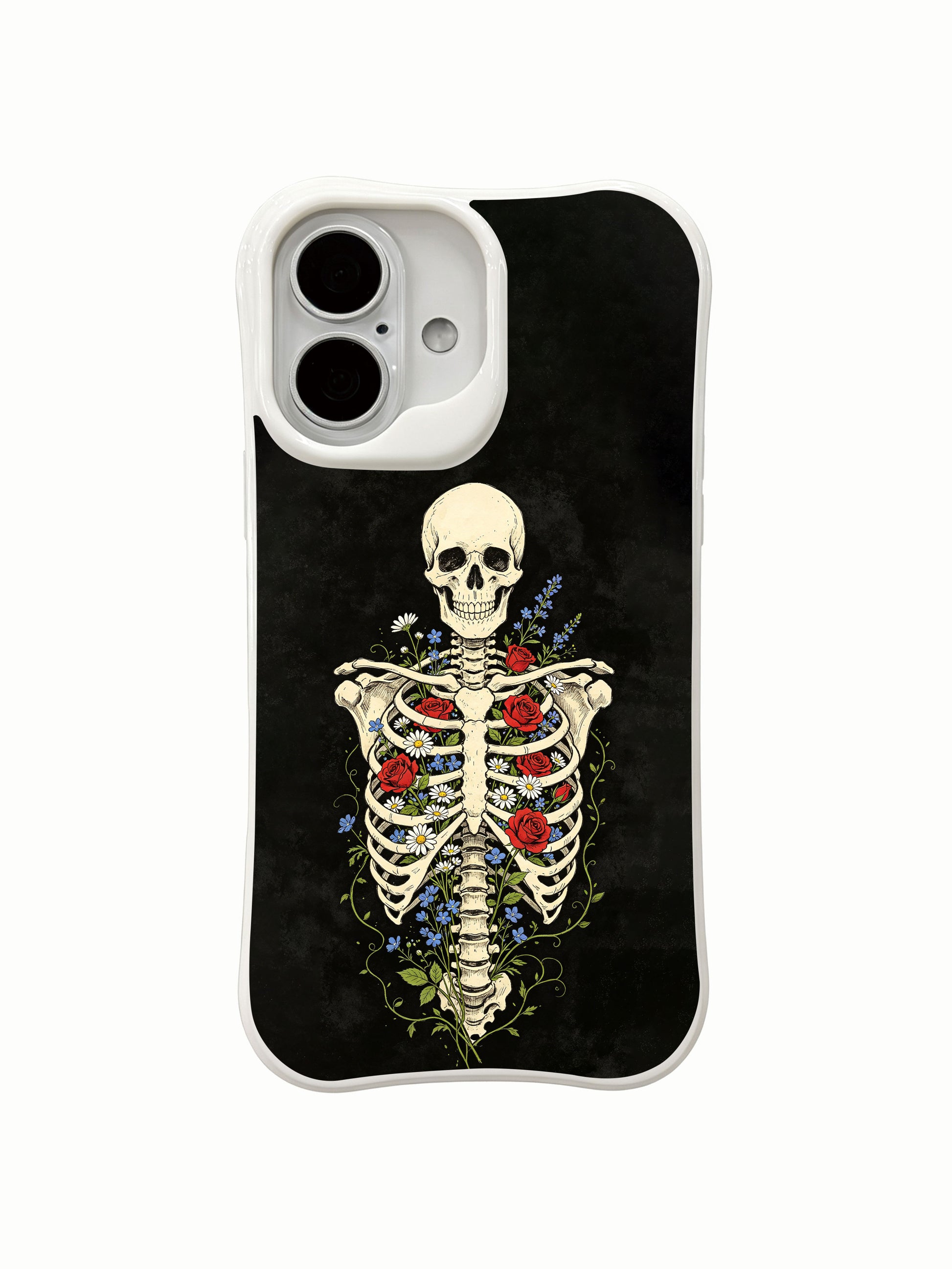 PhoneCasing negative space black Black Greenhouse goth fine art iPhone 16 Case, minimalist multi-flower & full torso skeleton design on solid dark backdrop, anti-drop corner cushion MagSafe iPhone 16 cover
