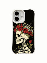 PhoneCasing negative space black Night Crown goth fine art iPhone 16 Case, minimalist floral crown & skeleton design on solid dark backdrop, anti-drop corner cushion MagSafe iPhone 16 cover