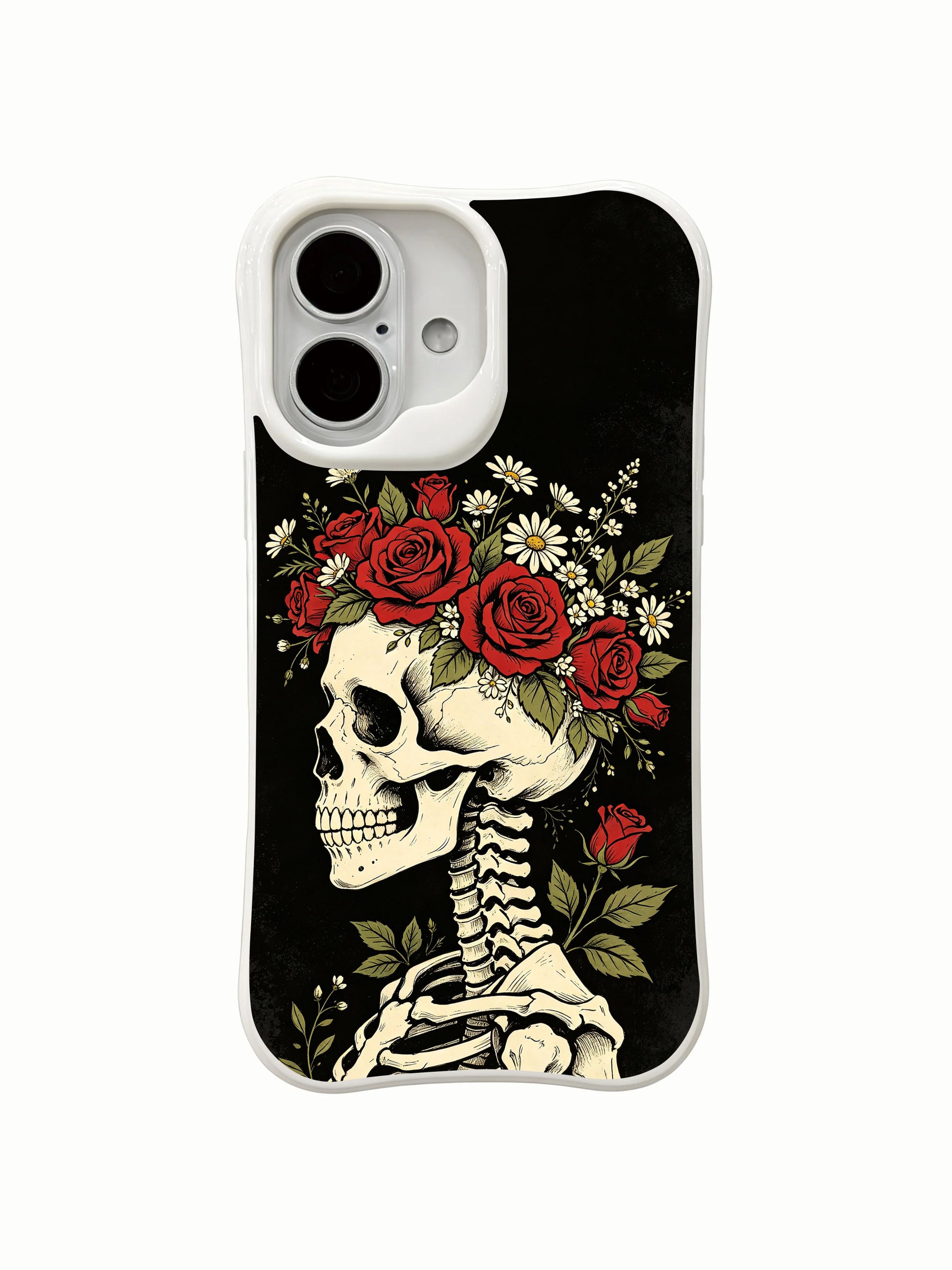 PhoneCasing negative space black Night Crown goth fine art iPhone 16 Case, minimalist floral crown & skeleton design on solid dark backdrop, anti-drop corner cushion MagSafe iPhone 16 cover