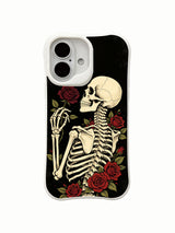 PhoneCasing negative space black Black Rose Oath goth fine art iPhone 16 Case, minimalist red rose & full skeleton design on solid dark backdrop, anti-drop corner cushion MagSafe iPhone 16 cover