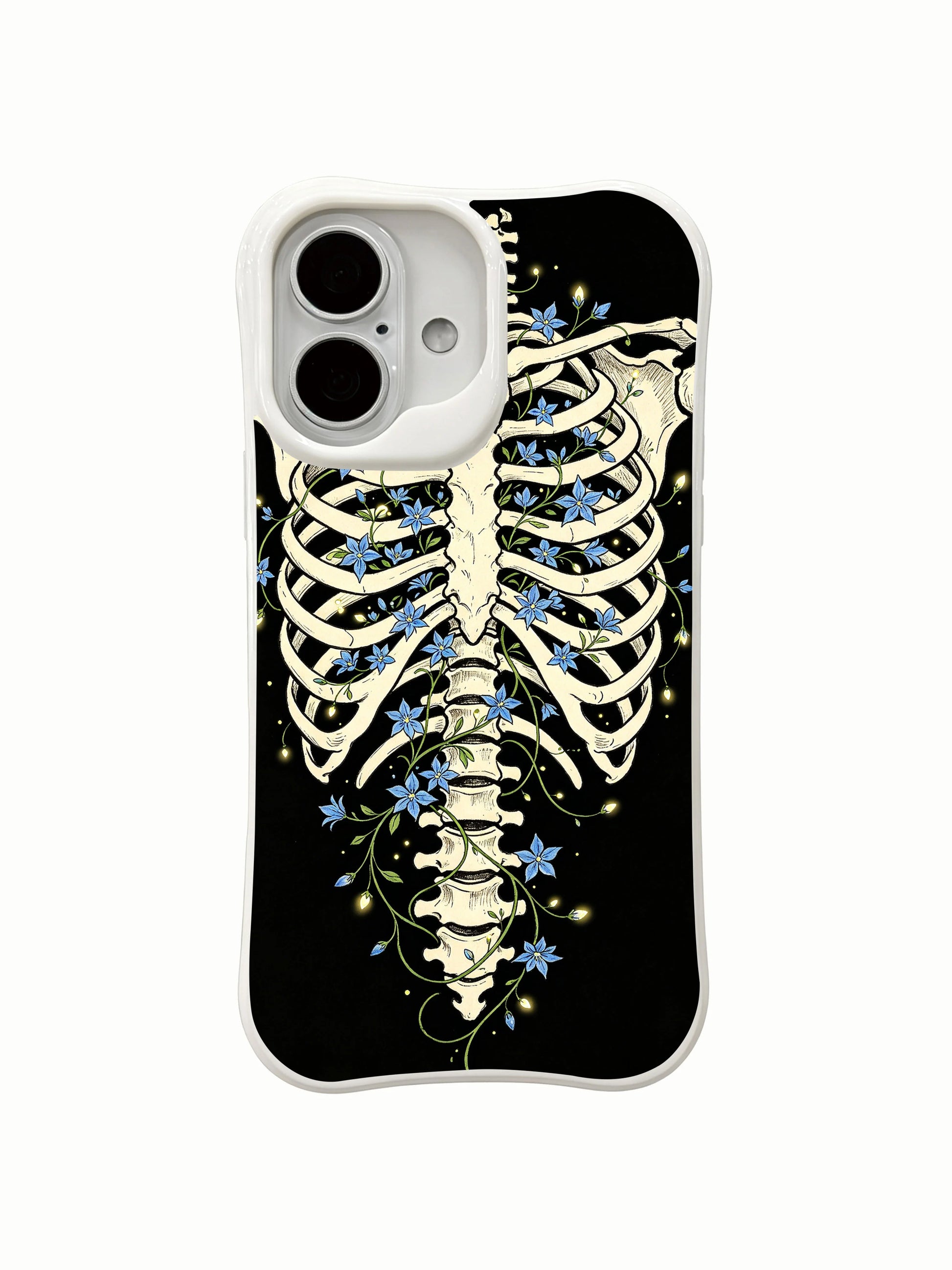 PhoneCasing negative space black Star Blossom In Bone goth fine art iPhone 16 Case, minimalist glowing blue flower & rib skeleton design on solid dark backdrop, anti-drop corner cushion MagSafe iPhone 16 cover