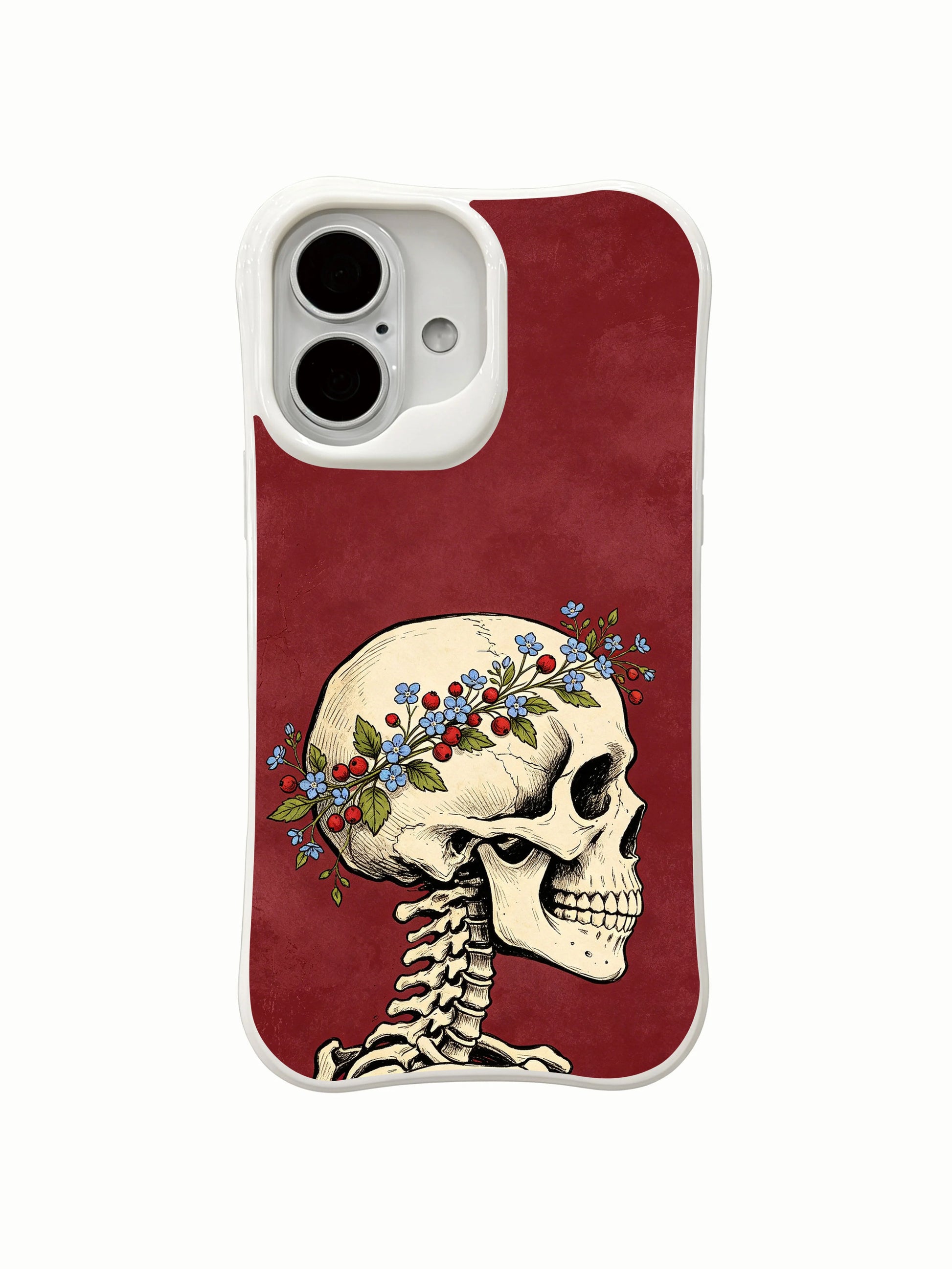 PhoneCasing negative space burgundy goth fine art iPhone 16 Case, minimalist forget-me-not crown skull design, anti-drop corner cushion MagSafe iPhone 16 cover