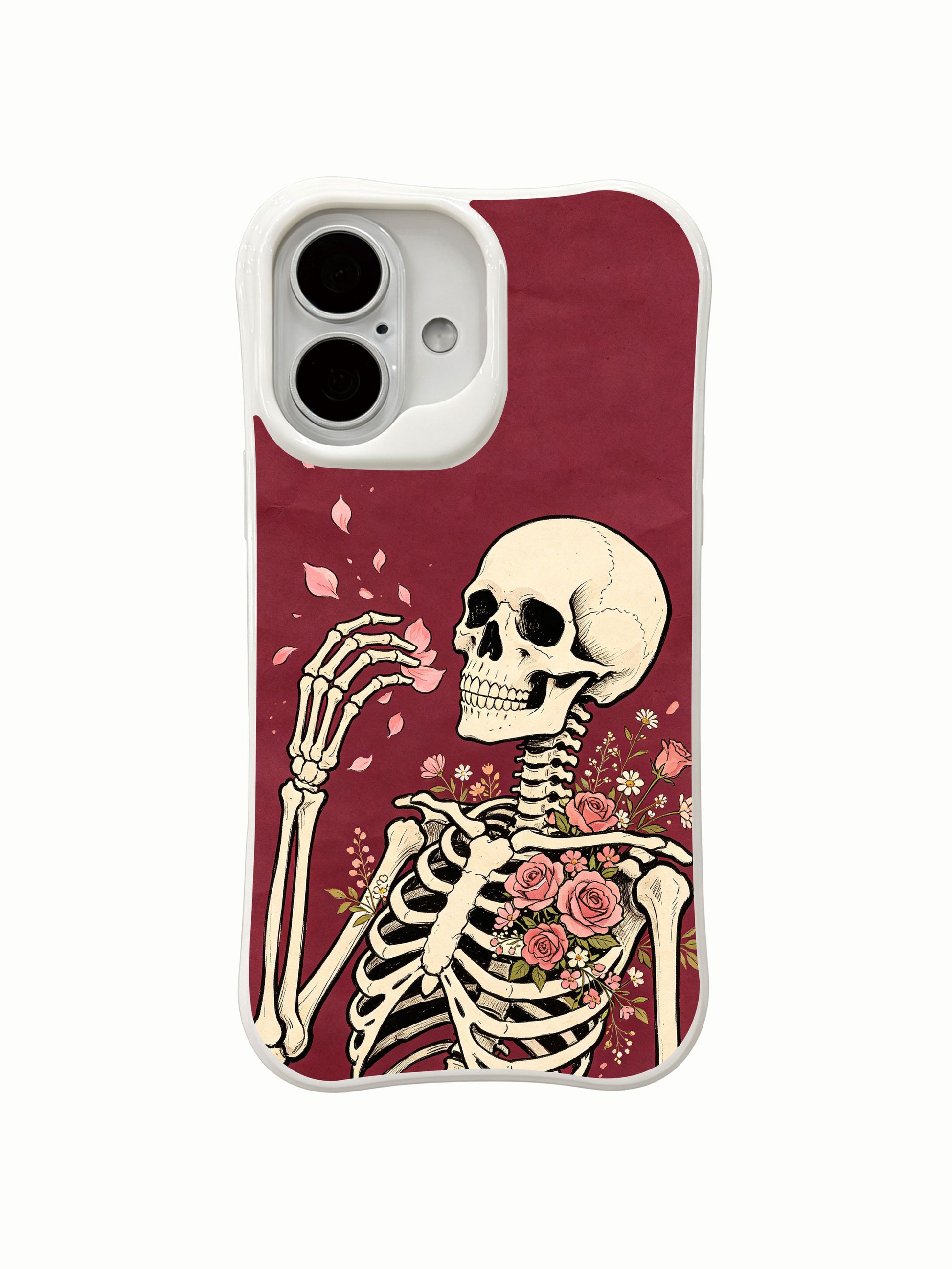 PhoneCasing negative space burgundy Petal Letter goth fine art iPhone 16 Case, minimalist floating pink petal & ribcage rose skeleton design, anti-drop corner cushion MagSafe iPhone 16 cover
