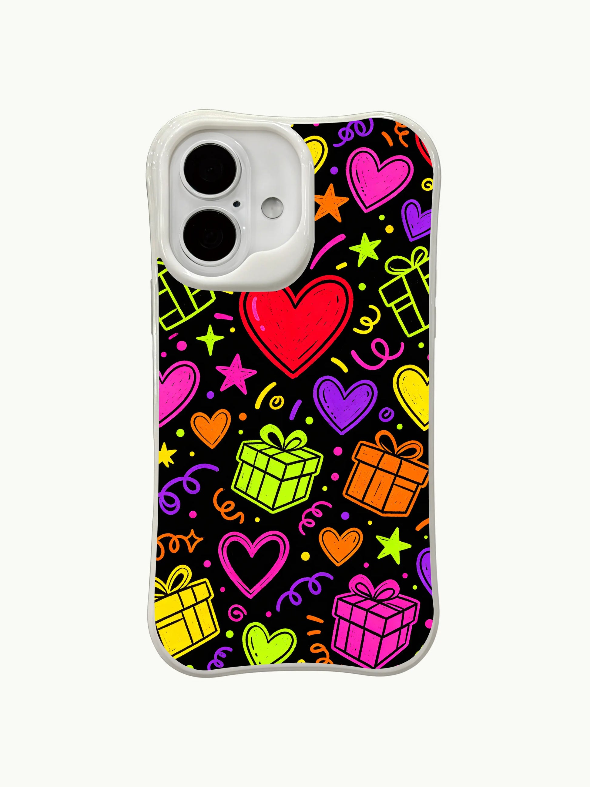 PhoneCasing neon candy doodles iPhone 16 plus case, creative art full of positive energy and bold, playful colors.